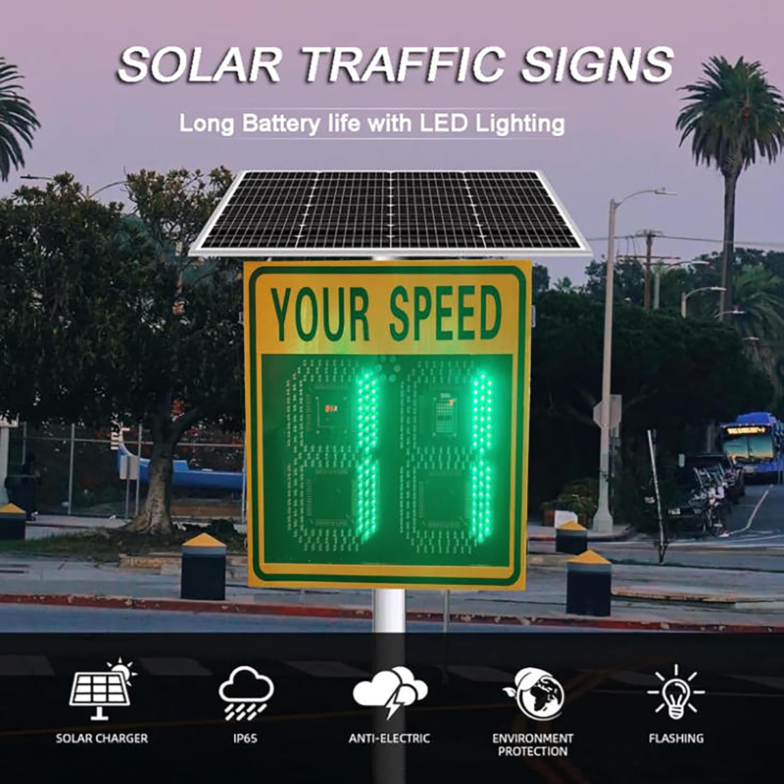 MObyat Señal de Velocidad con Radar Solar, 61 x 68 cm, Velocidad de detección <321 km/h, carriles de 3 a 4 carriles, Visibilidad Nocturna >1000 m, para medición de Velocidad en Carretera.