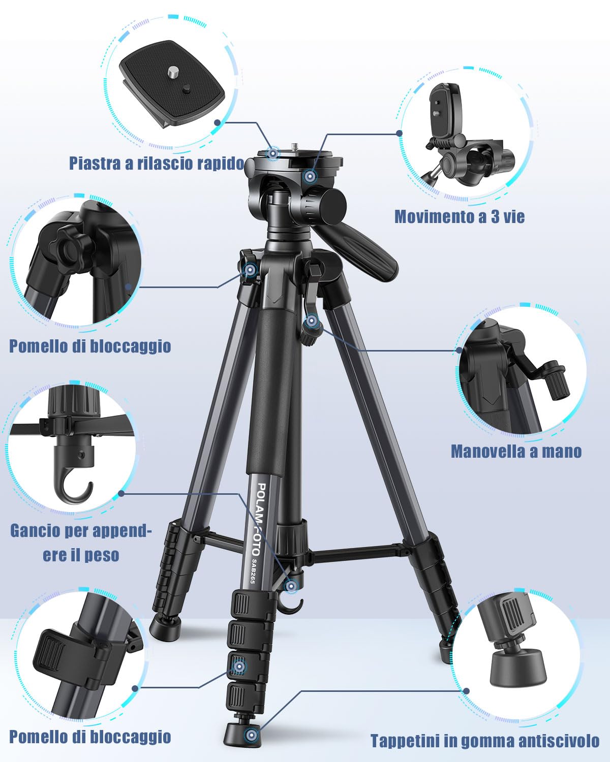 POLAM-FOTO Treppiede per fotocamera da 188 cm, treppiede Porfessional in alluminio resistente, treppiede compatto con borsa per il trasporto, con supporto per telefono grigio