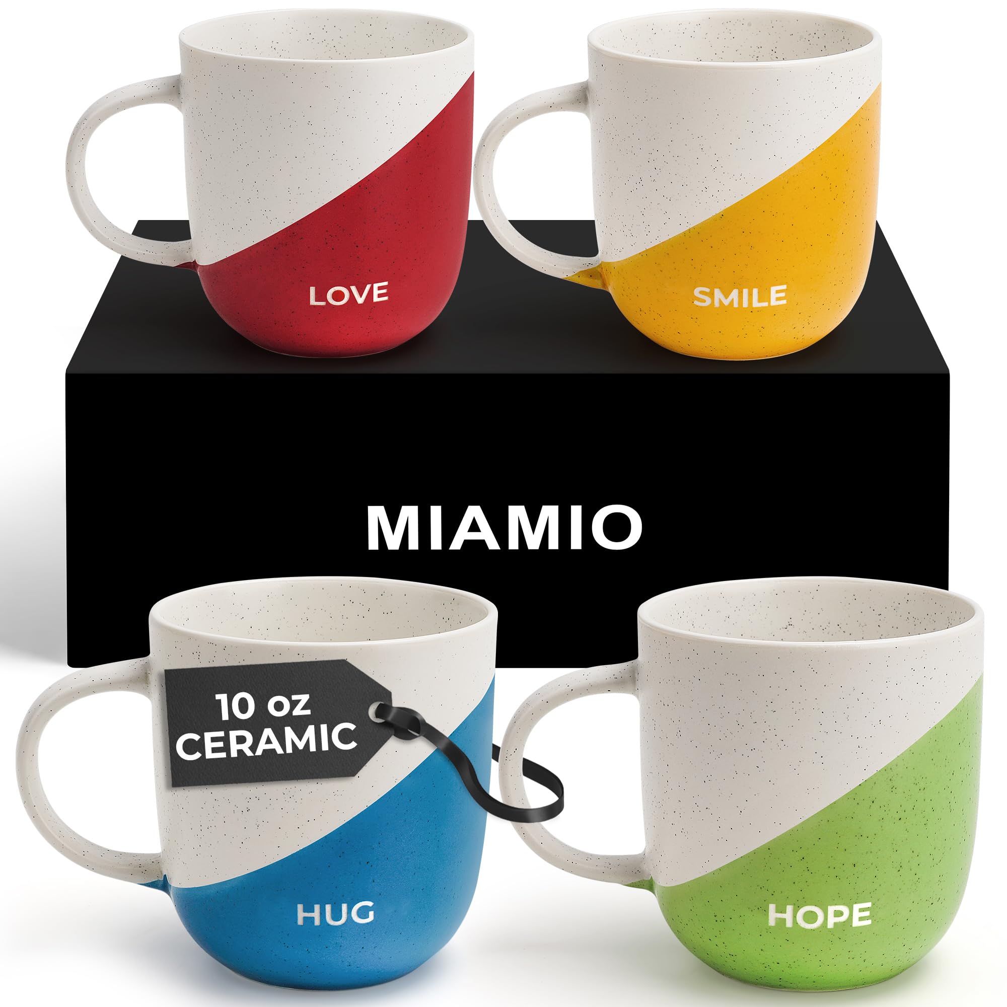 MIAMIO, Coffee Mug Set of 4 x 300 ml/Inspirational Coffee Cups with Sayings/Gifts for Wife Husband, Women, Men, Family