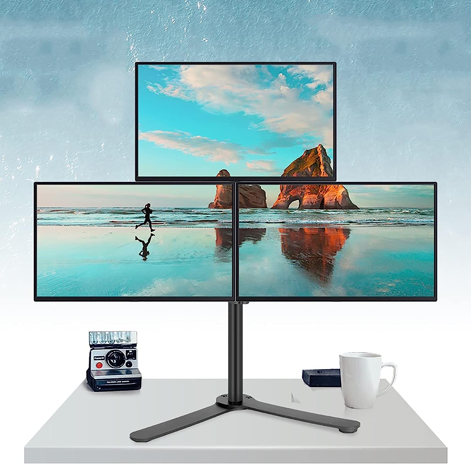 Supporto Universale per TV, Multifunzione, per Tre Monitor, Tre Bracci Regolabili per impieghi gravosi con Base in Metallo, per Tre schermi TV da 27 Pollici.