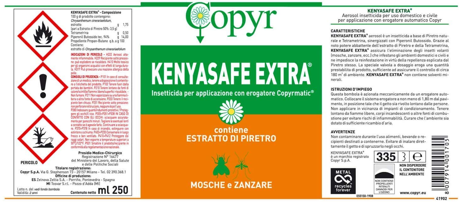 Copyr Kenyasafe Extra e Copyrmatic Combi - Insetticida Antizanzare, Mosche e Insetti Volanti, 6 Bombole 250ml + Erogatore Automatico, Piretro Insetticida Biologico e Repellente Zanzare Casa e Giardino