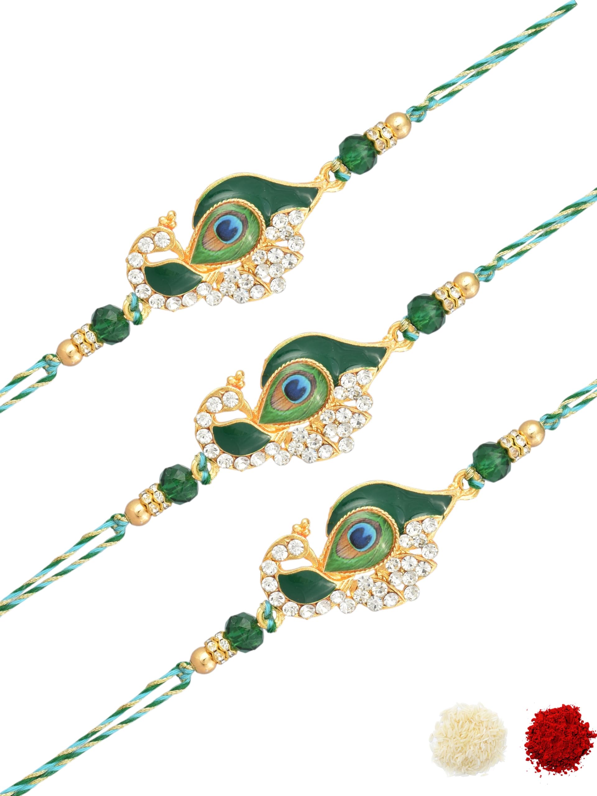 Emerald Green Premium AD Studded Peacock Design Gold Plated Traditional Beaded Pack of 3 Festive Rakhi for Brothers, Bhaiya, Bhai, with Roli Chawal & Greeting Cad for Raksha Bandhan-15-image-15