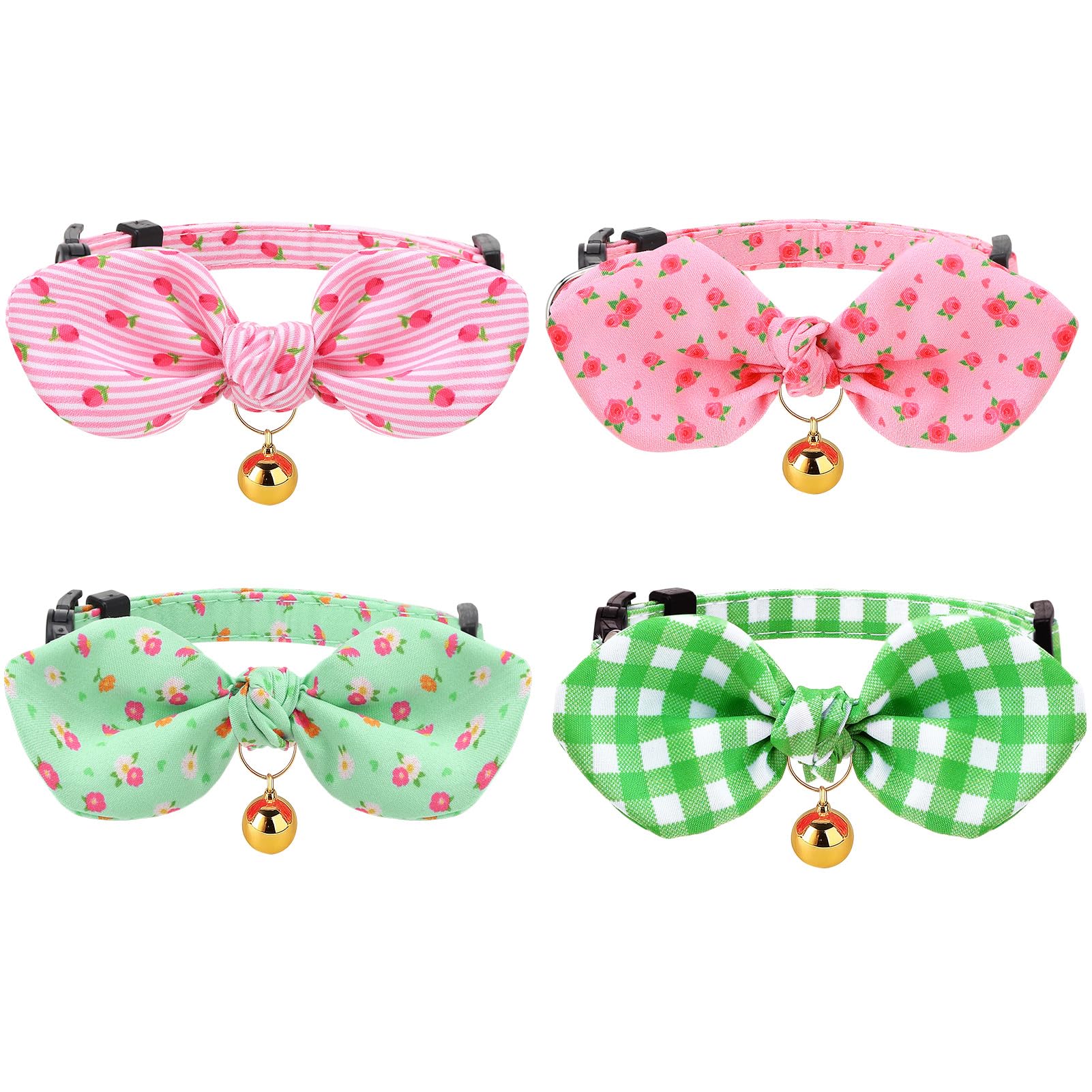 4 Pack Breakaway Cat Collars with Bow Tie and Bell Plaid Flower Kitten Collars Adjustable Cat Bowtie Collar for Girl Boy Kitten Cats