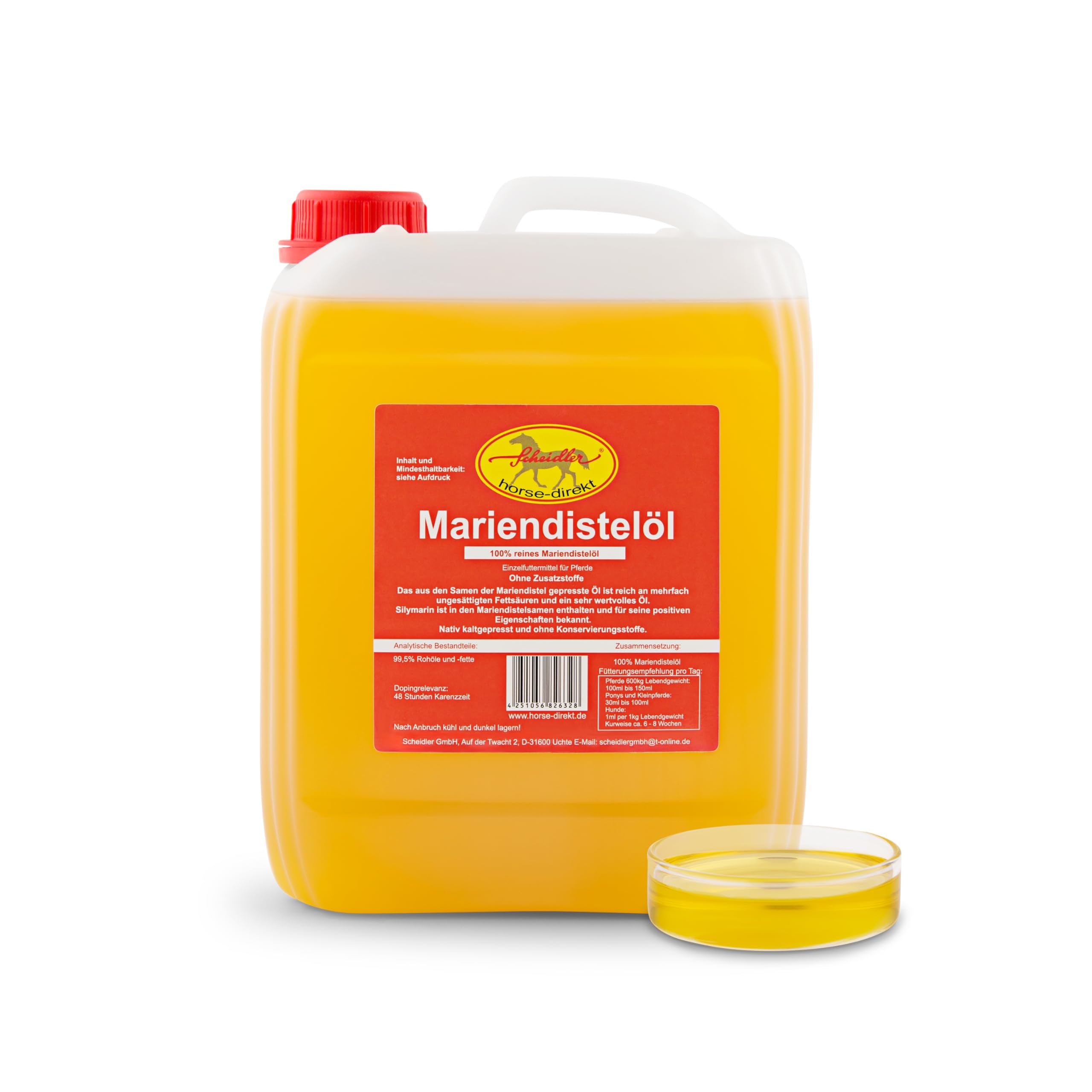 Scheidler horse-direkt Mariendistelöl 10 L Kanister Einzelfuttermittel für Pferde, Hunde & Katzen – Natürliche Nahrungsergänzung & kaltgepresst – Reich an Omega 6 und Vitamin E