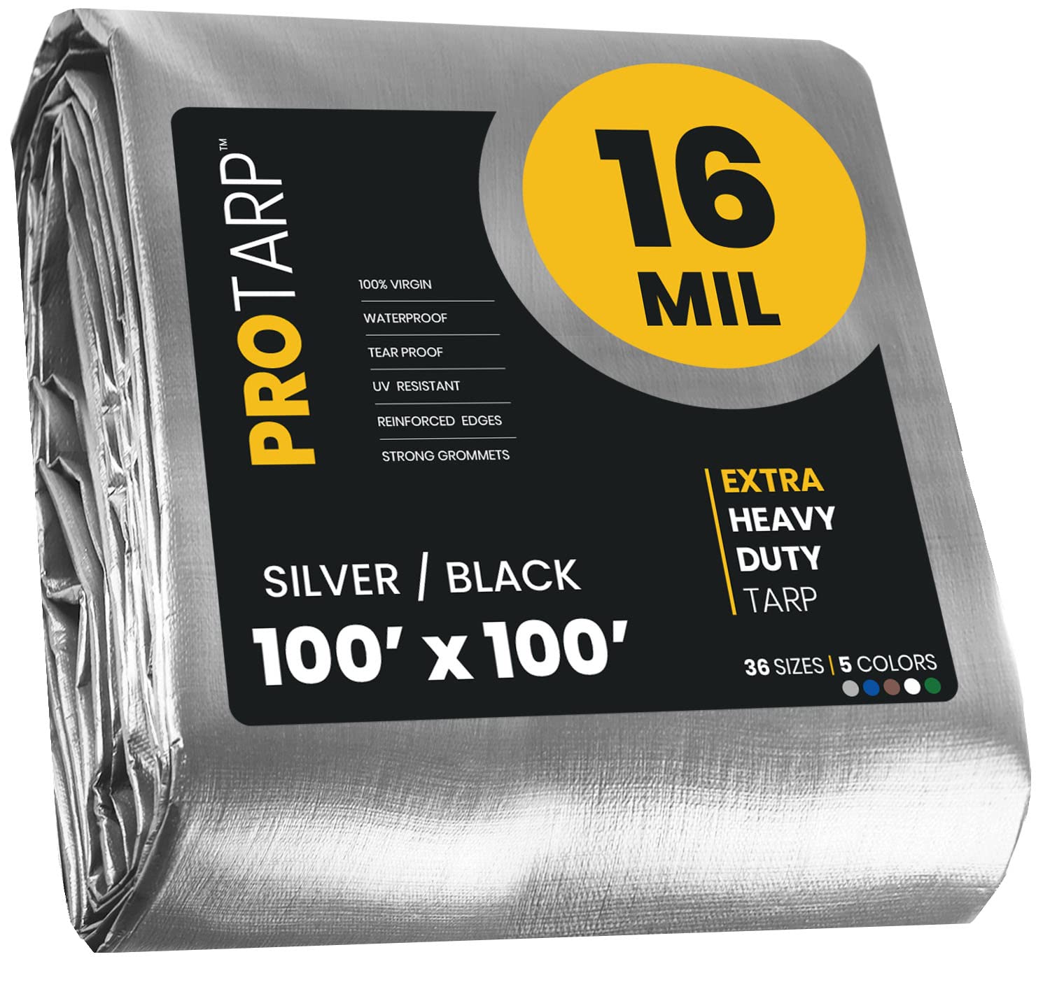 Extra Heavy Duty 16 Mil Tarp Cover, Waterproof, UV Resistant, Rip and Tear Proof, Poly Tarpaulin with Reinforced Edges for Roof, Camping, Patio, Pool, Boat. (Silver/Black 100′ X 100′)