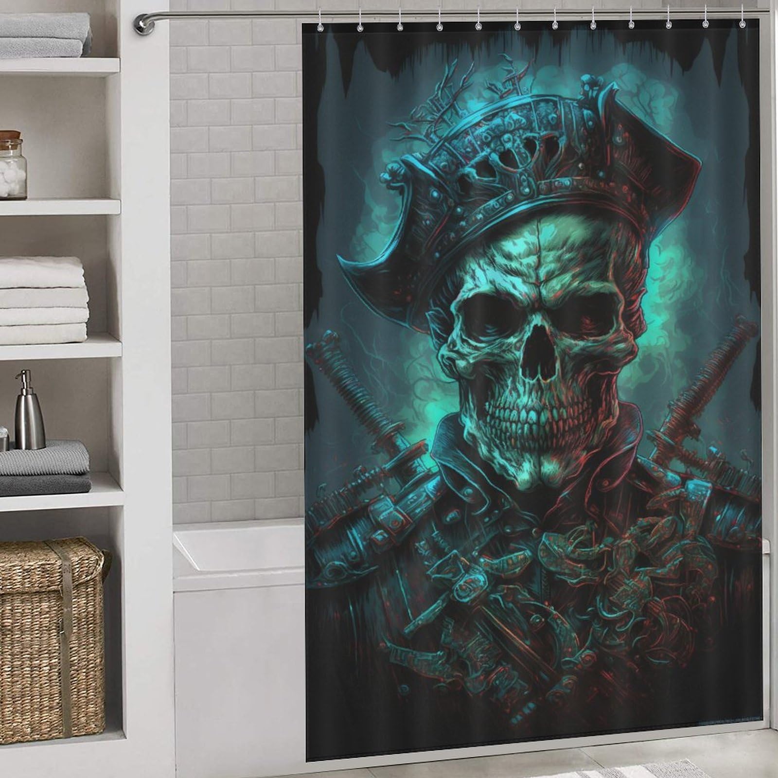 Rideau de douche polyester lavable et imperméable motif crâne pirate avec 12 crochets