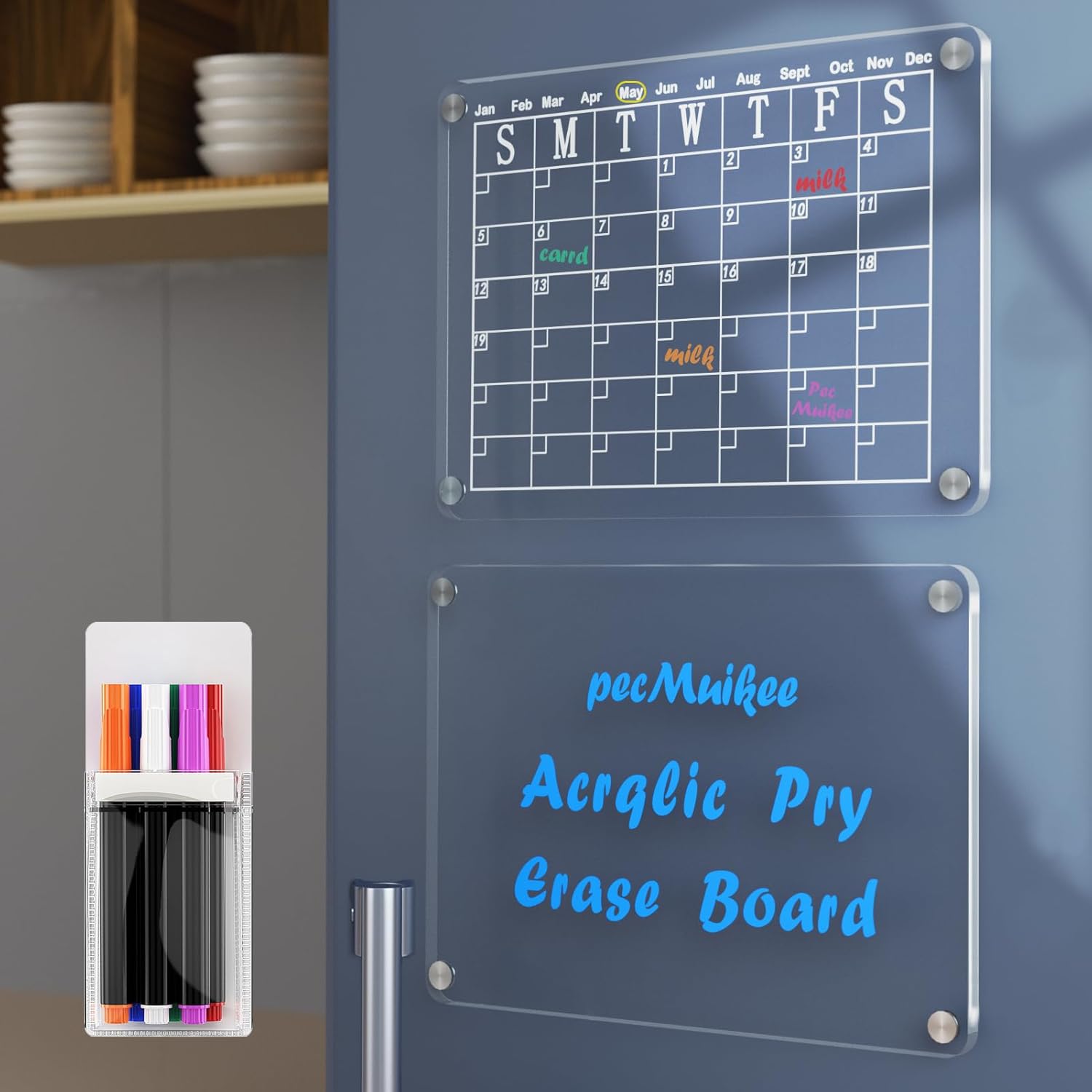 PecMuikee 16"x12" Acrylic Magnetic Calendar for Fridge ?2 Pcs Magnetic Monthly Calendar for Refrigerator?Clear Calendar Dry Erase Board with 6 Dry Erase Markers & Magnetic Pen Holder