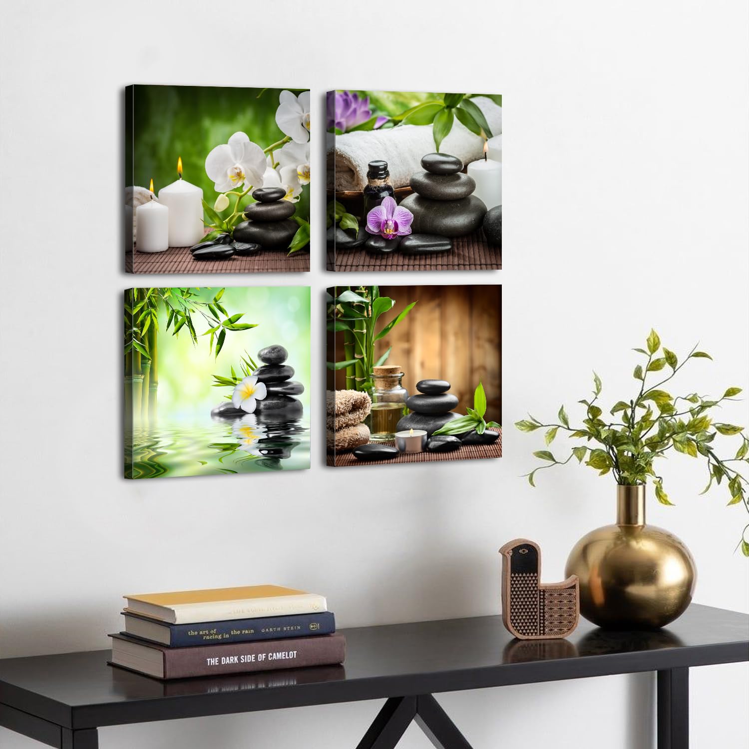 AIYISU Zen Wandbild 4 Teilig Leinwandbilder Bambus Orchidee Zen Steine Spa Wanddeko für Badezimmer Wohnzimmer Weiß Blume Kerzen Wanddeko für Schlafzimmer Küche Meditation Entspannung Deko 30 x 30 cm