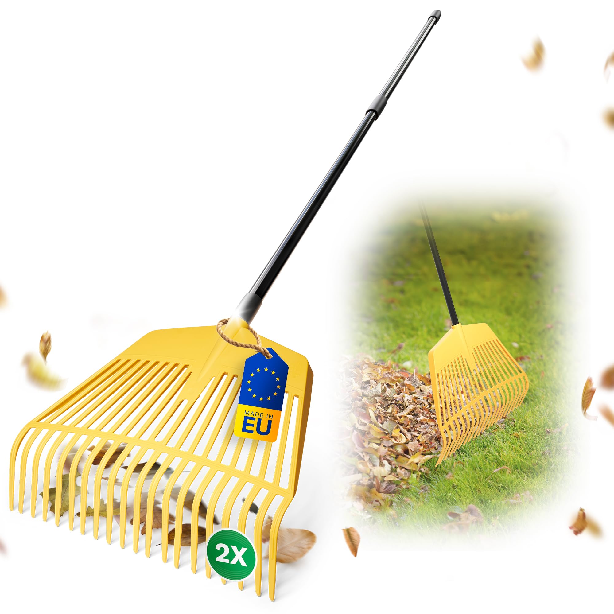 Novatool 2 escobas con mango telescópico de hasta 152 cm, dispositivo combinado 2 en 1, escoba y tenedor con 20 dientes de plástico, ancho de trabajo de 45 cm, rastrillo de jardín, rastrillo de césped