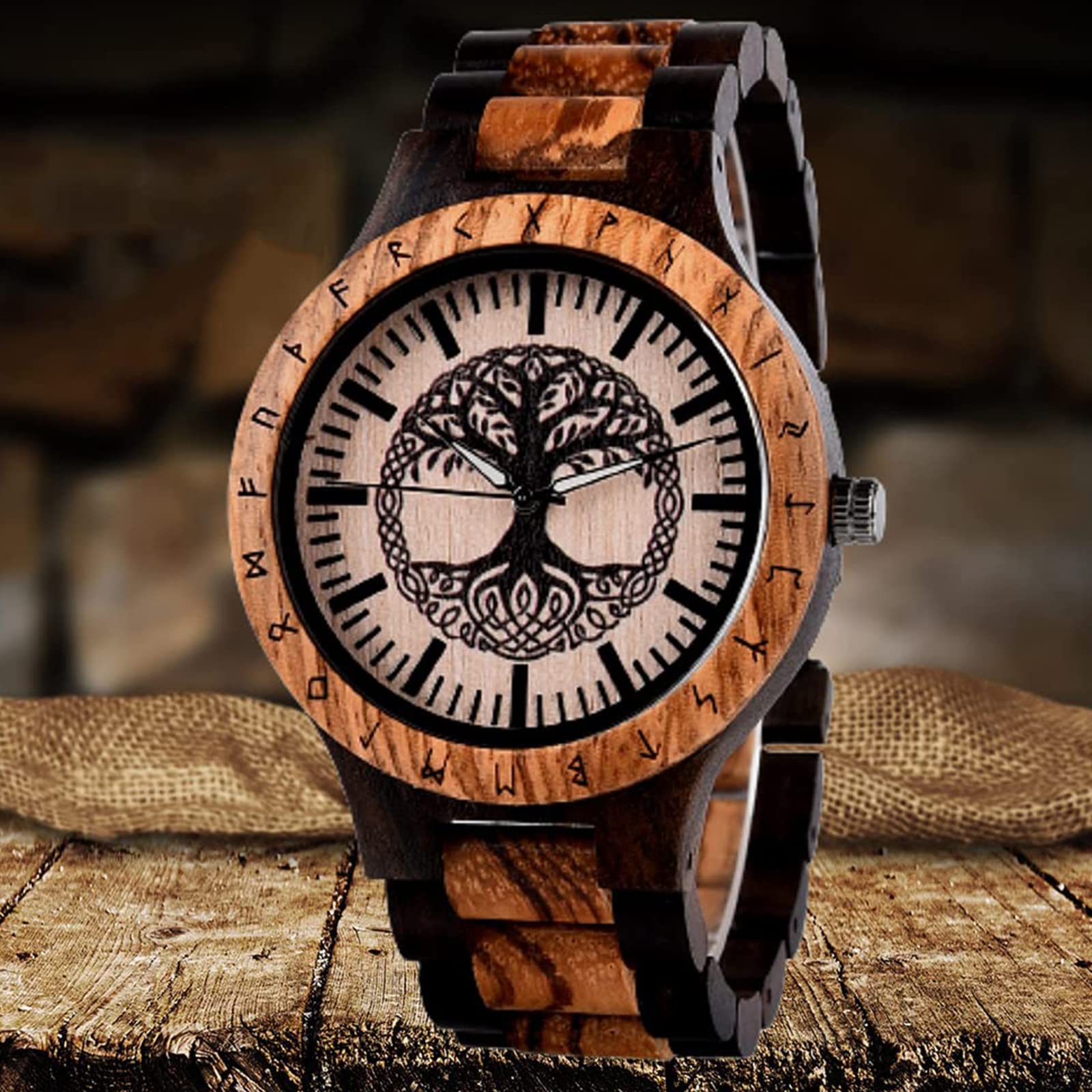 AVLUZ Reloj de pulsera de madera con diseño de árbol de la vida vikingo, hecho a mano, con mitología nórdica, correa ajustable, reloj de cuarzo analógico, caja de reloj de madera