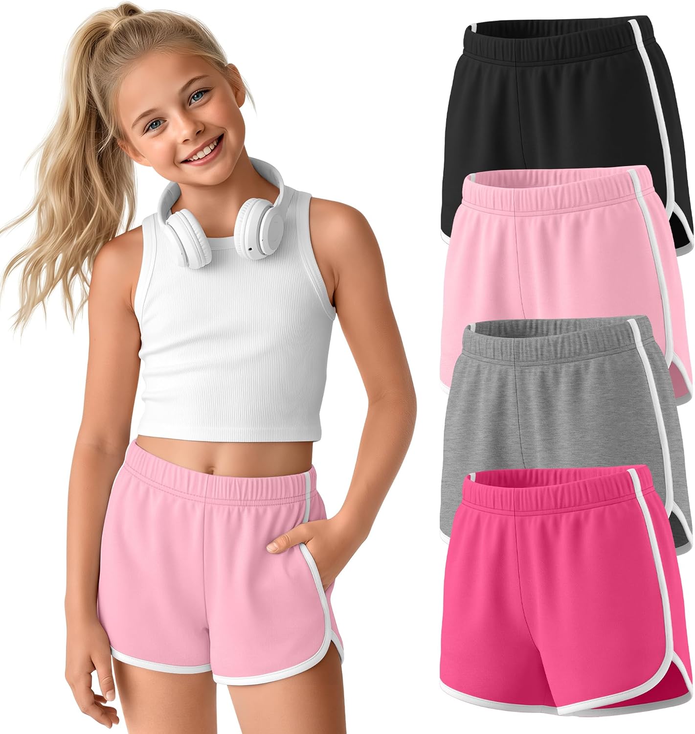 4 Pack Girls' Shorts 5-14Y Teen Athletic Summer Running Dolphin Trousers Pocket Kids High Waist Workout Gym Clothes