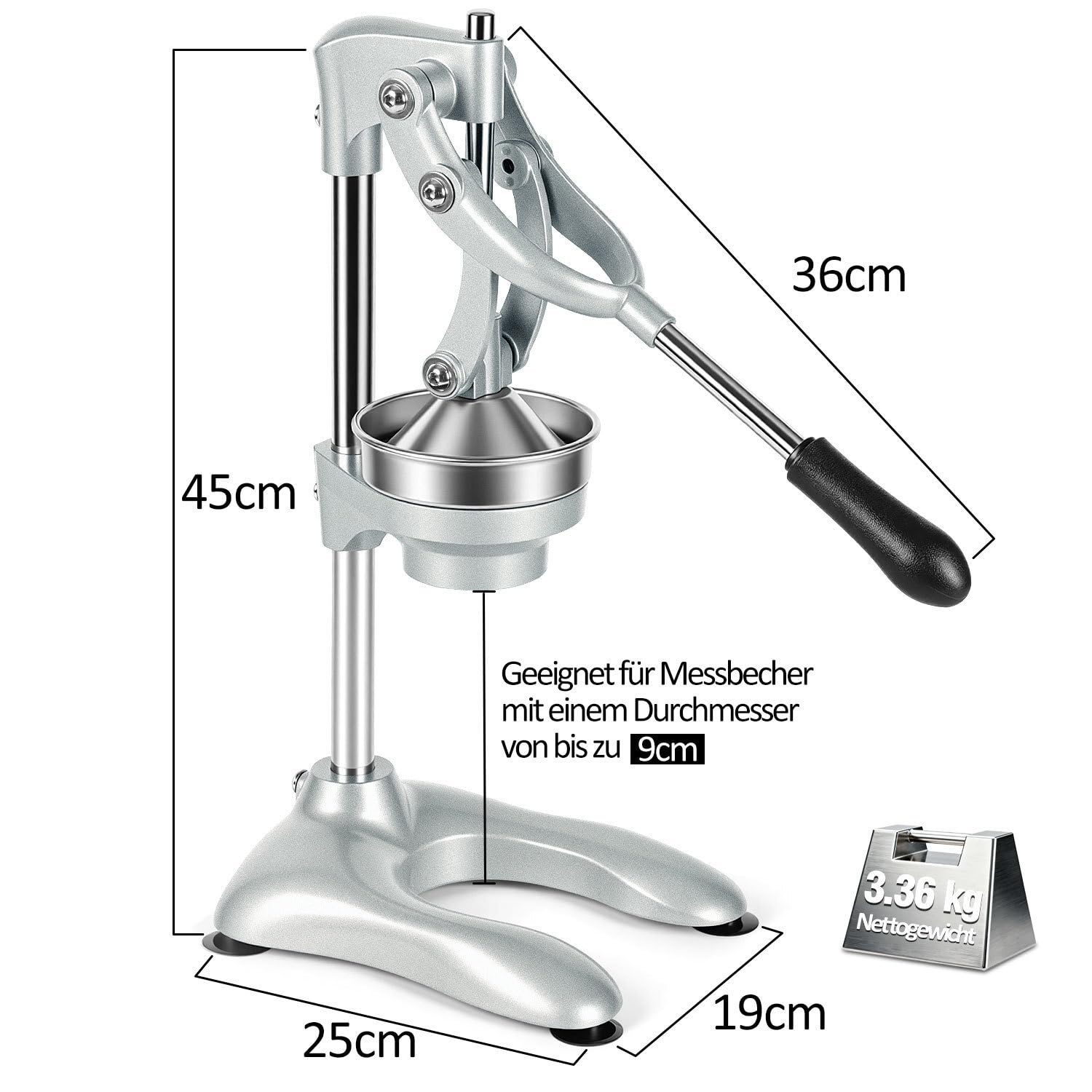 Entsafter manuell,Orangenpresse und Fruchtpresse mit Hebel | 2 Pressköpfe für verschiedene Früchte,mit Hebel und Saugnapf,45 cm hoch,Trichter und Sieb aus 304 Edelstahl