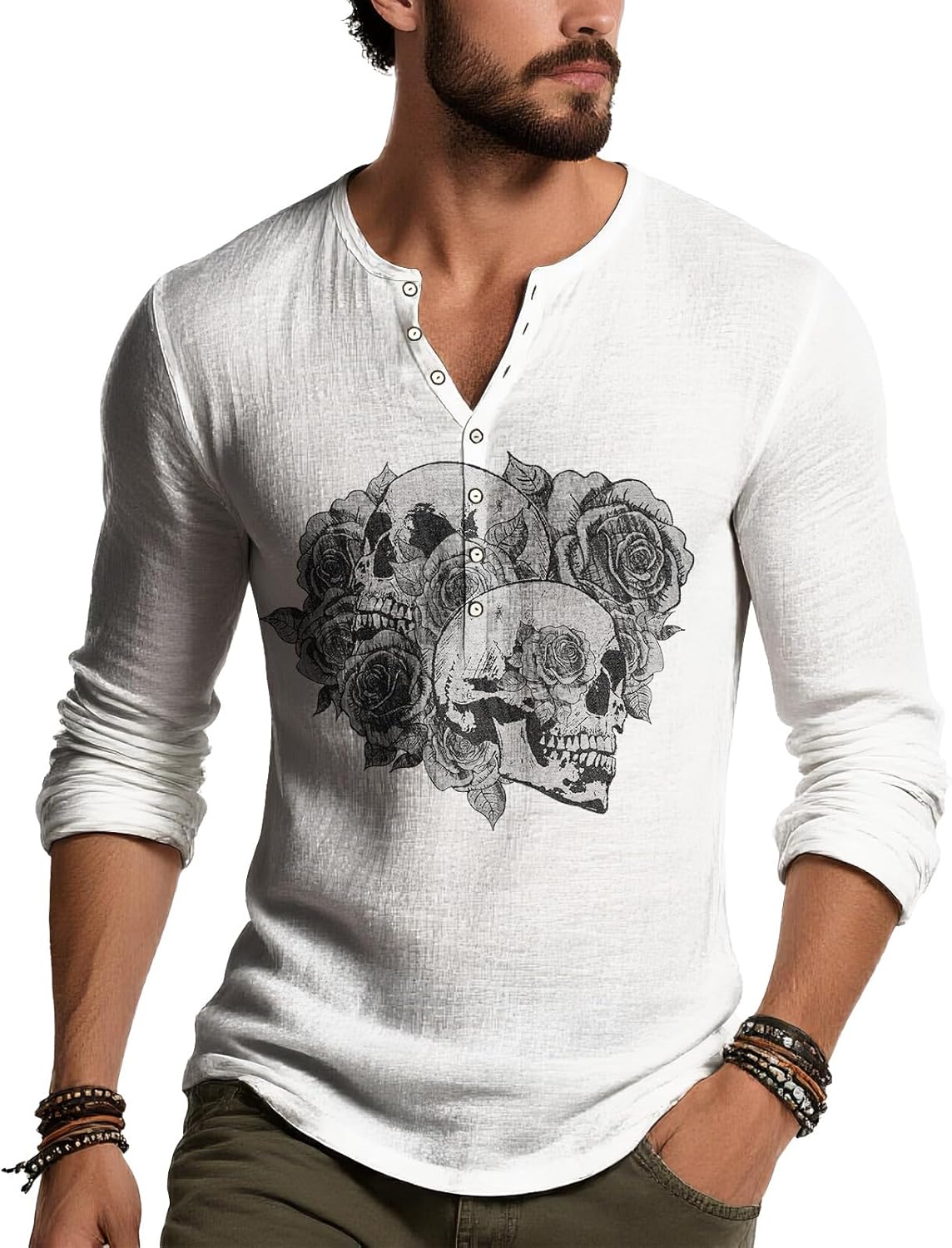 Men's Long Sleeve Henley Shirt Wave Floral Print Casual Button Up Artistic Oriental Pattern Lightweight Top