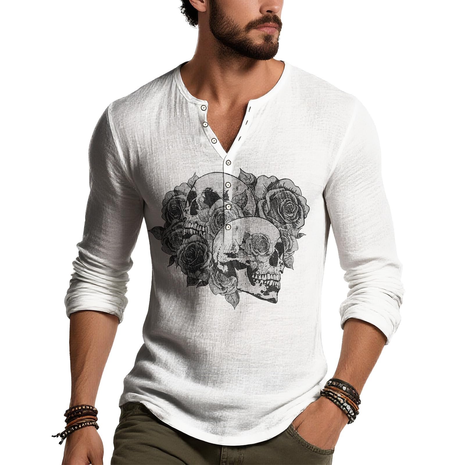 Men's Long Sleeve Henley Shirt Wave Floral Print Casual Button Up Artistic Oriental Pattern Lightweight Top