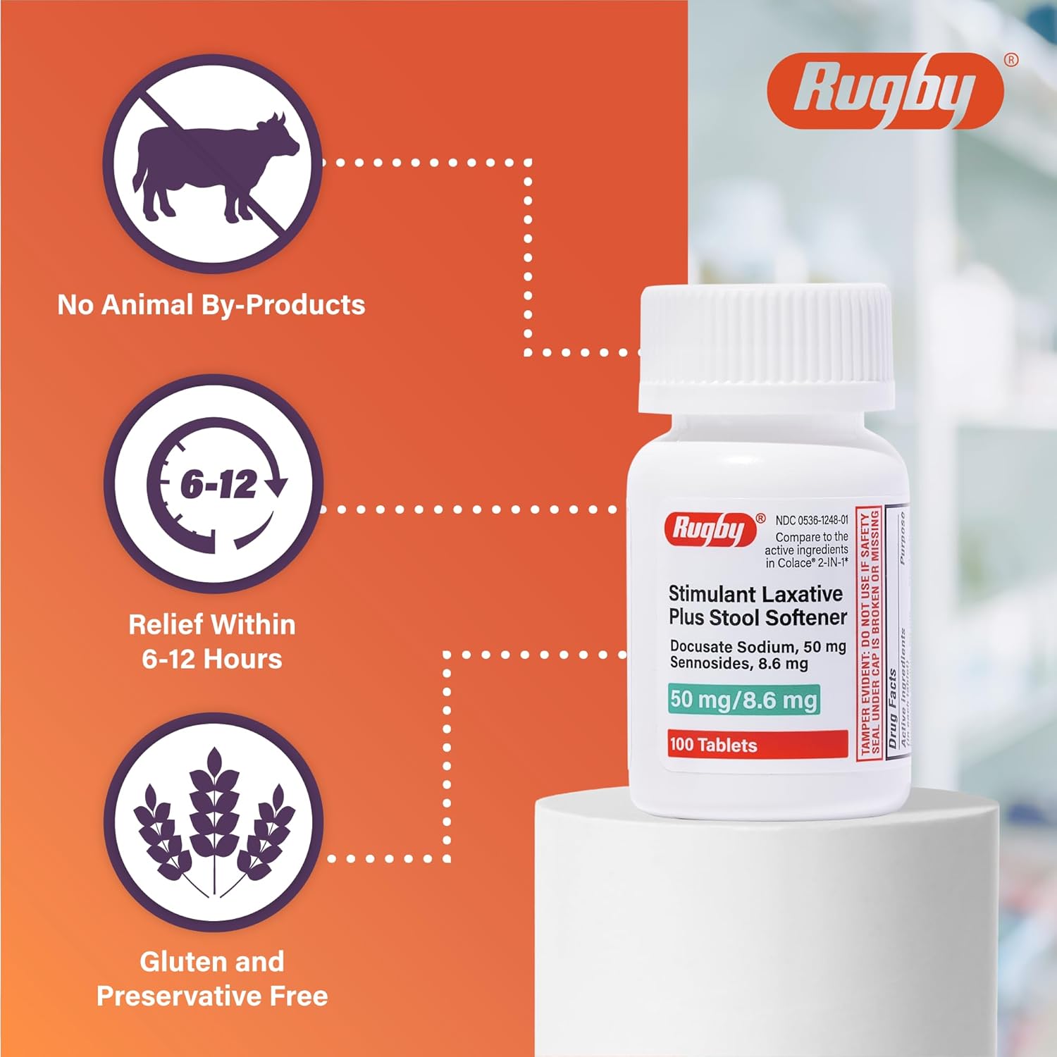 Rugby Stimulant Laxative Plus Stool Softener Docusate Sodium 50 mg/Sennosides 8.6 mg - Laxative Tablets for Constipation Relief - Stool Softeners for Women, Men, and Kids - 100 Tablets 100 Count (Pack of 1) image 3 of 6 B084736DB4