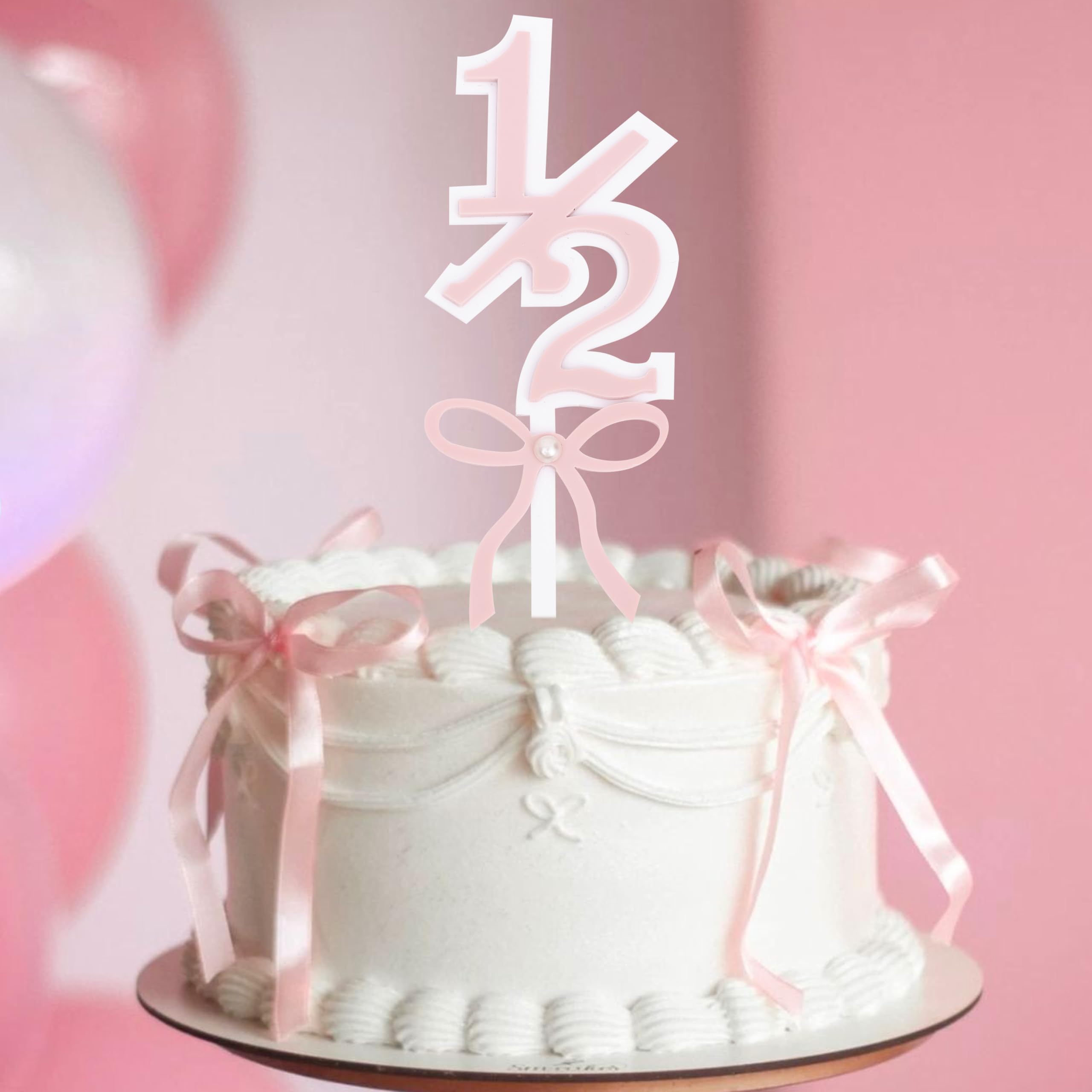 1/2 Birthday Cake Topper, Pink Bow Design with Pearl, 7.6 x 2.2 inch Acrylic Decoration- Half Birthday Party Decorations, Bow Cake Topper, Half Way To