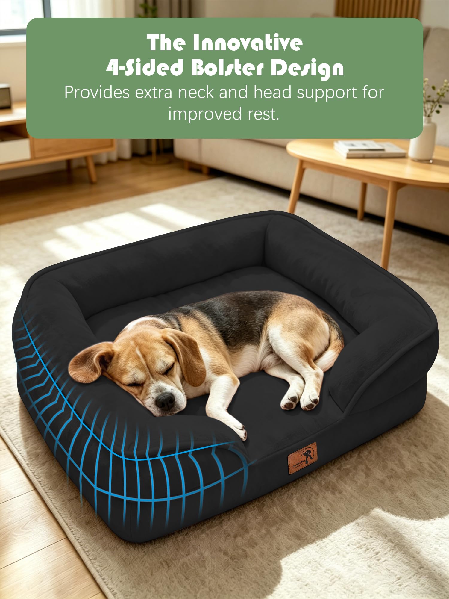 Spotted Play Orthopedic Dog Bed with Sides - Sofa Beds for Medium Dogs, Supportive Foam Pet Couch Bed with Washable Removable Cover, Waterproof Lining and Non-Slip Bottom, Black - M view 5