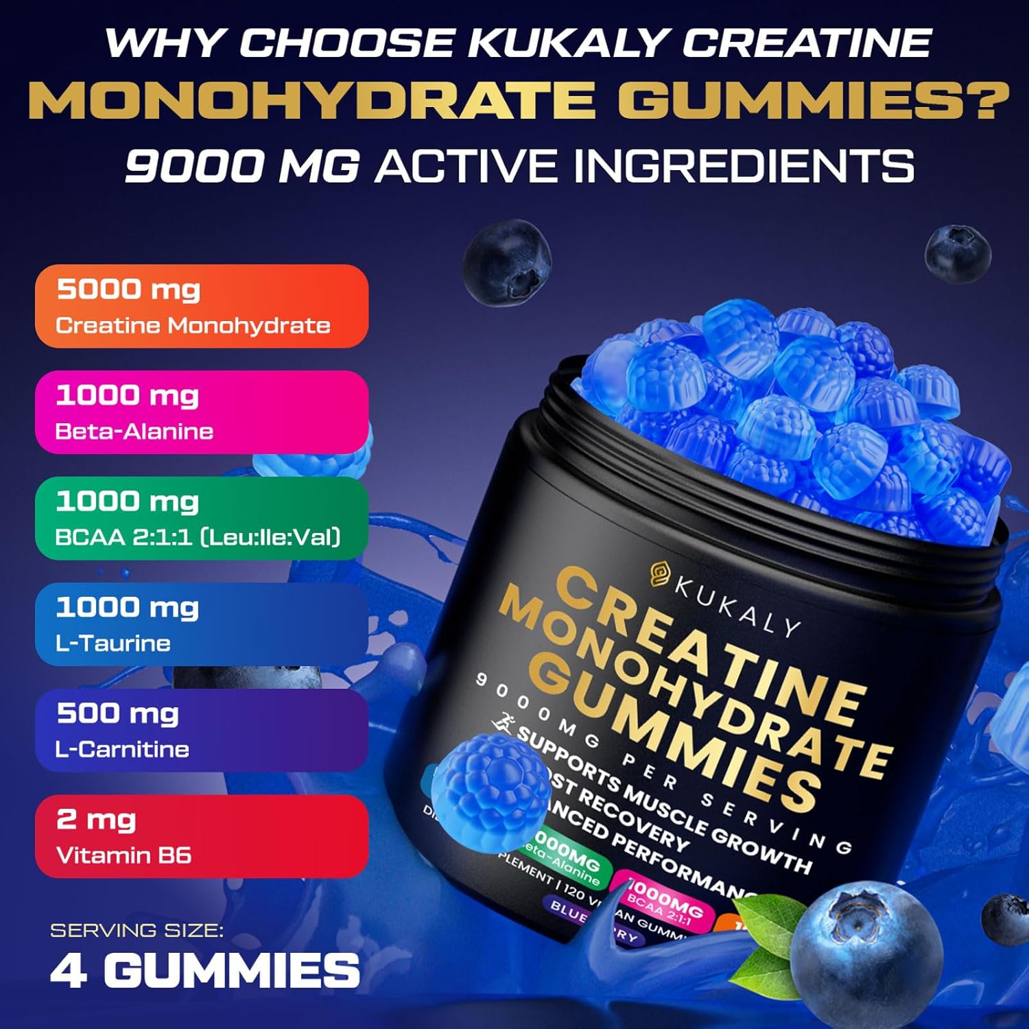 KUKALY Creatine Monohydrate Gummies for Men & Women, 9000MG Creatine Gummies Sugar Free with L-Taurine, BCAA 2:1, B12 B6 for Boost Strength, Focus & Endurance, Vegan, Non-GMO, Blueberry 120*2 Bottle