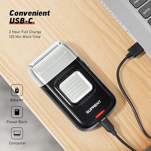 Miniatura 5 de SUPRENT Afeitadora de papel de aluminio para hombres, afeitadora eléctrica recargable de cabeza calva, recortadora de barba con 2 cabezales de