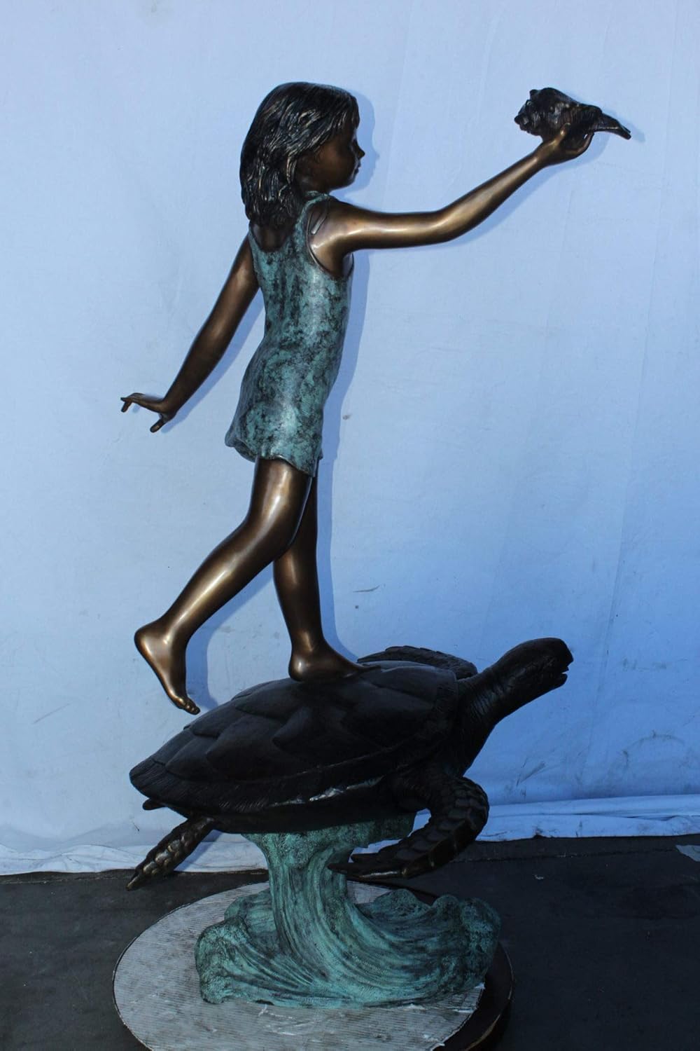 Nifao Bronze Girl Riding Turtle Fountain Statue – Outdoor Garden Water Feature Sculpture, Ocean Theme Patio Decor, Dual Water Spray, 35" L x 29" W x 56" H