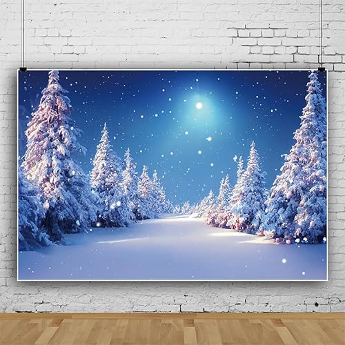Miniatura 2 de Laeacco Telón de fondo de bosque de invierno de 12 x 8 pies, escena nevada de invierno, fondo de fotografía, noche de las maravillas, árboles de