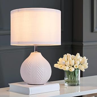 SOTTAE 12 White Ceramic Table Lamp, Leaf Patterned Ceramic Desk Lamp Small Bedside Lamp with Linen Shade, Mid Century Modern Nightstand Lamp for Bedroom Living Room Reading Room