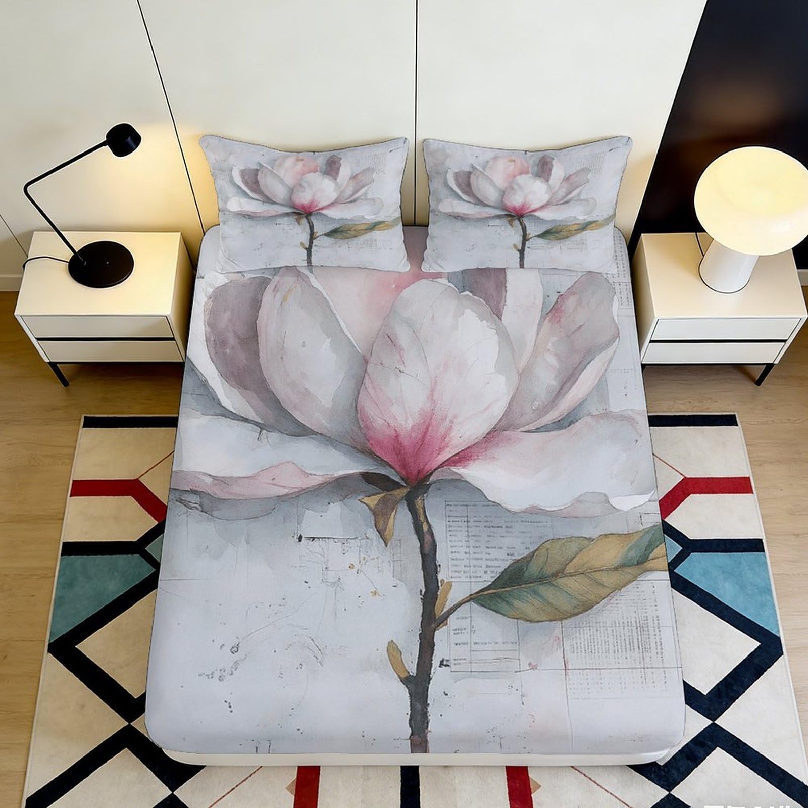 3D Printed Magnolia Blossom Fitted Sheet Microfiber Soft Breathable Watercolor Floral Mattress Cover Bedroom Decor 90x200x25cm