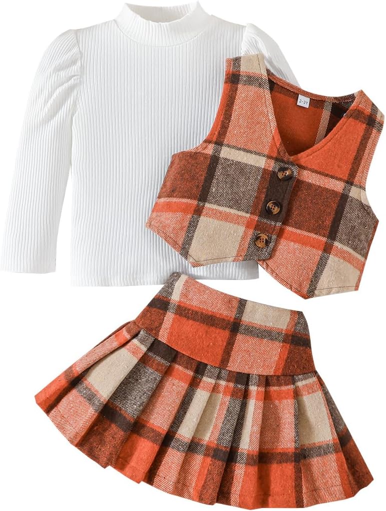 Toddler Girls Fall Outfits Knit Rib Shirt Tops Button Down Vest Plaid Skirt Set Winter Holiday Clothes 2-8Y