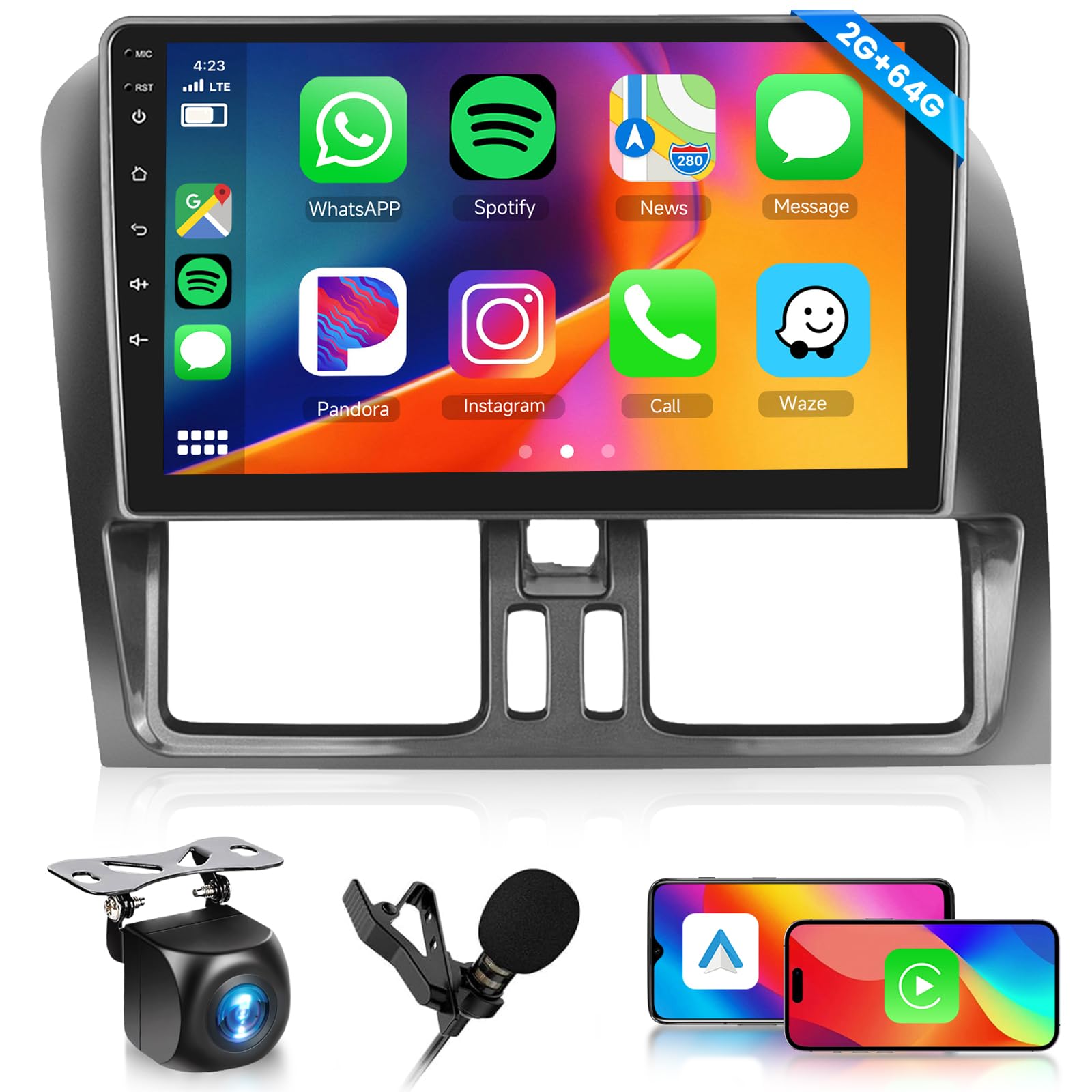 [2G+64G] Android Car Stereo for Volvo XC60 2008-2013 Head Unit, Wireless Carplay Android Auto Mirror Link,9 Inch Touch Screen Car Radio GPS,Bluetooth,