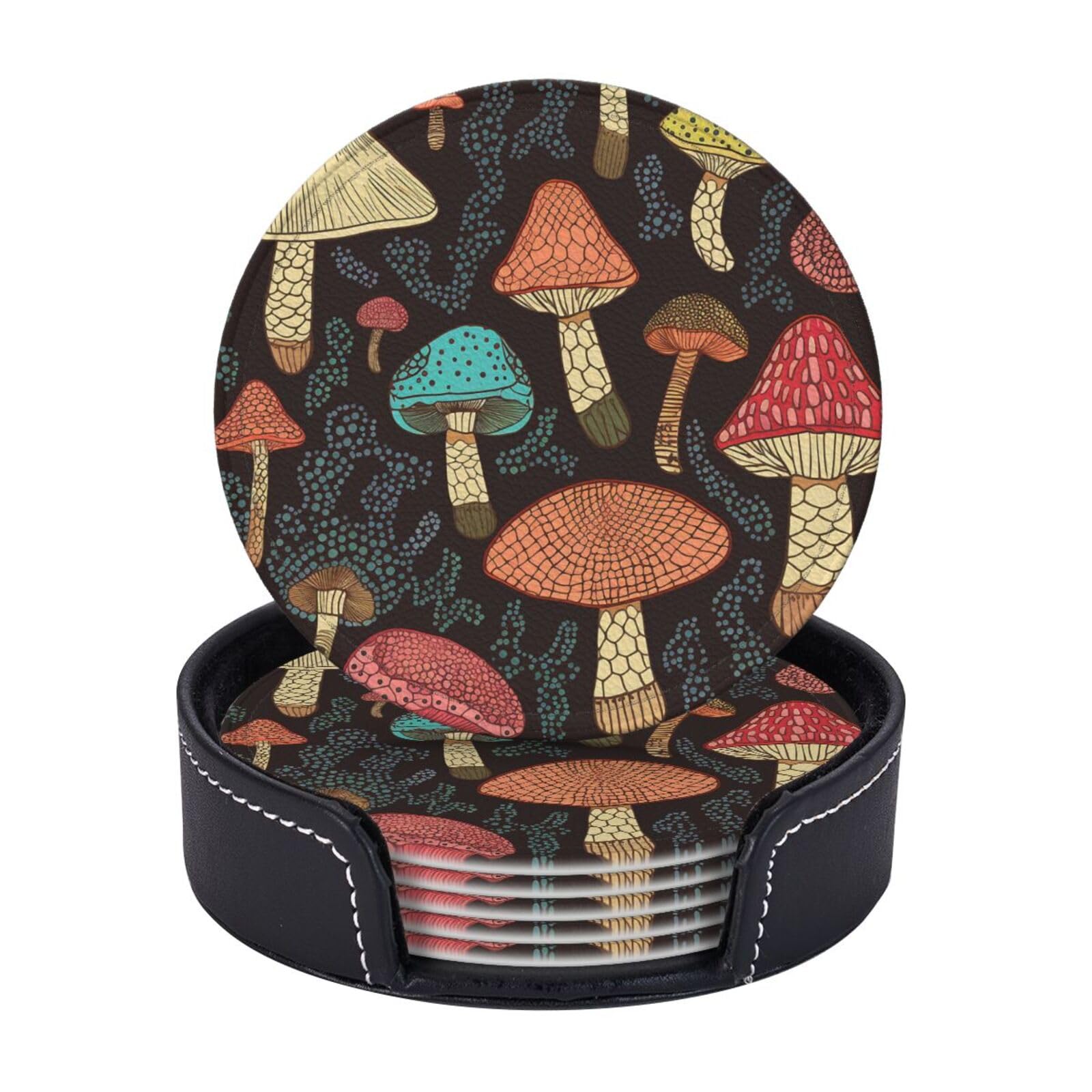 6Pcs PU Leather Coaster for Drinks, Mushroom Cup Coasters with Holder, Aesthetic Drink Coasters for Coffee Table, Round Coaster for Tabletop Protection 4" Cup Mat Pad