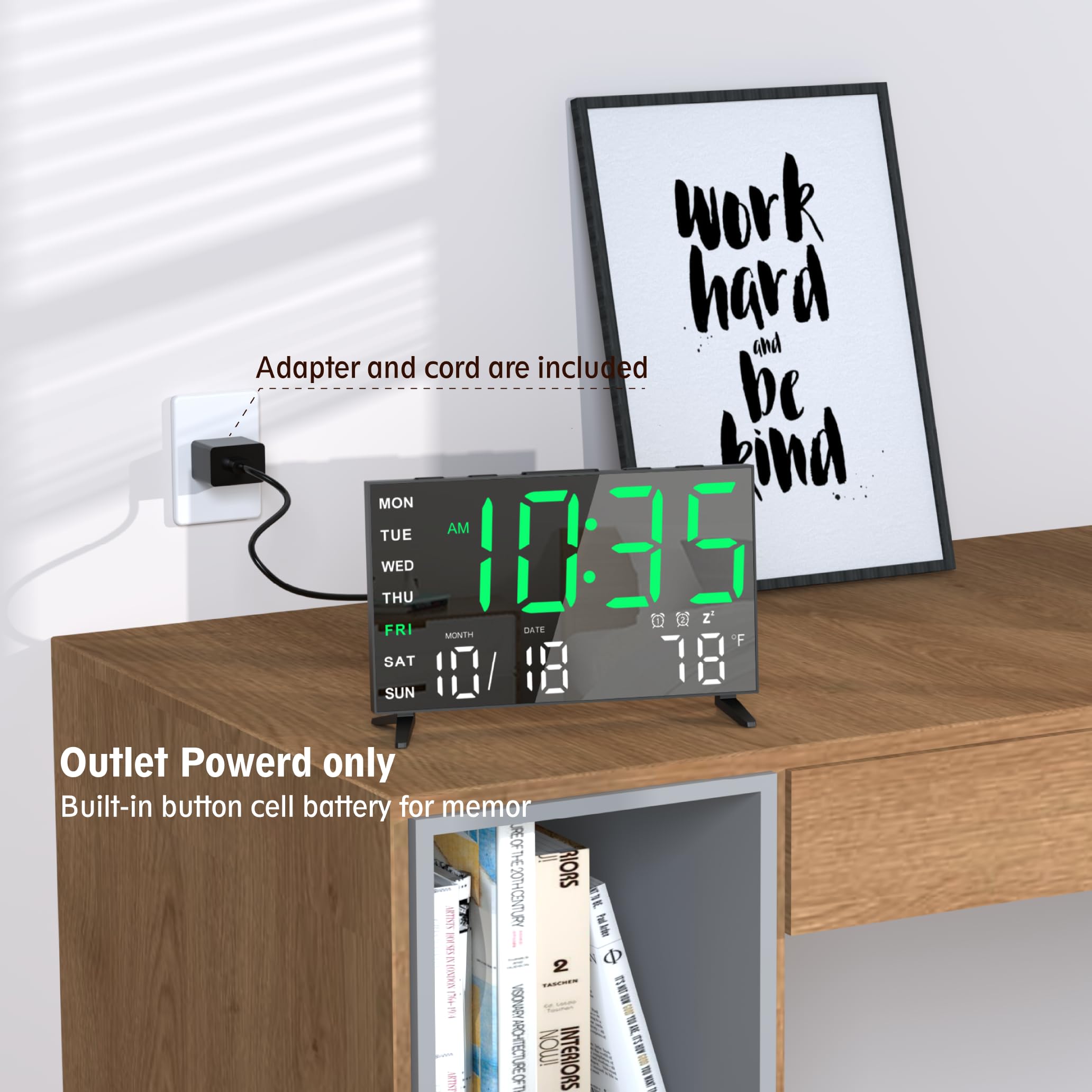 Reloj Despertador Digital con Espejo y Alarma Fuerte con Fecha, Temperatura Interior, Puerto de Carga USB, regulador de Intensidad, Volumen Ajustable, Dígito Verde Negro