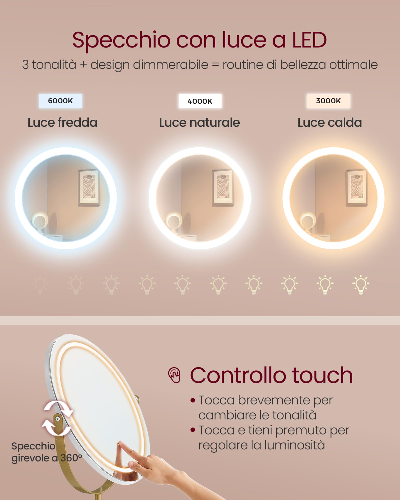 VASAGLE Toeletta con Sgabello e Illuminazione, Stazione di Ricarica, Specchio Girevole, Postazione Trucco, 40 x 80 x 134,8 cm, con Cassetti, Sgabello Imbottito, Bianco Opaco e Oro Pallido RVT019W01