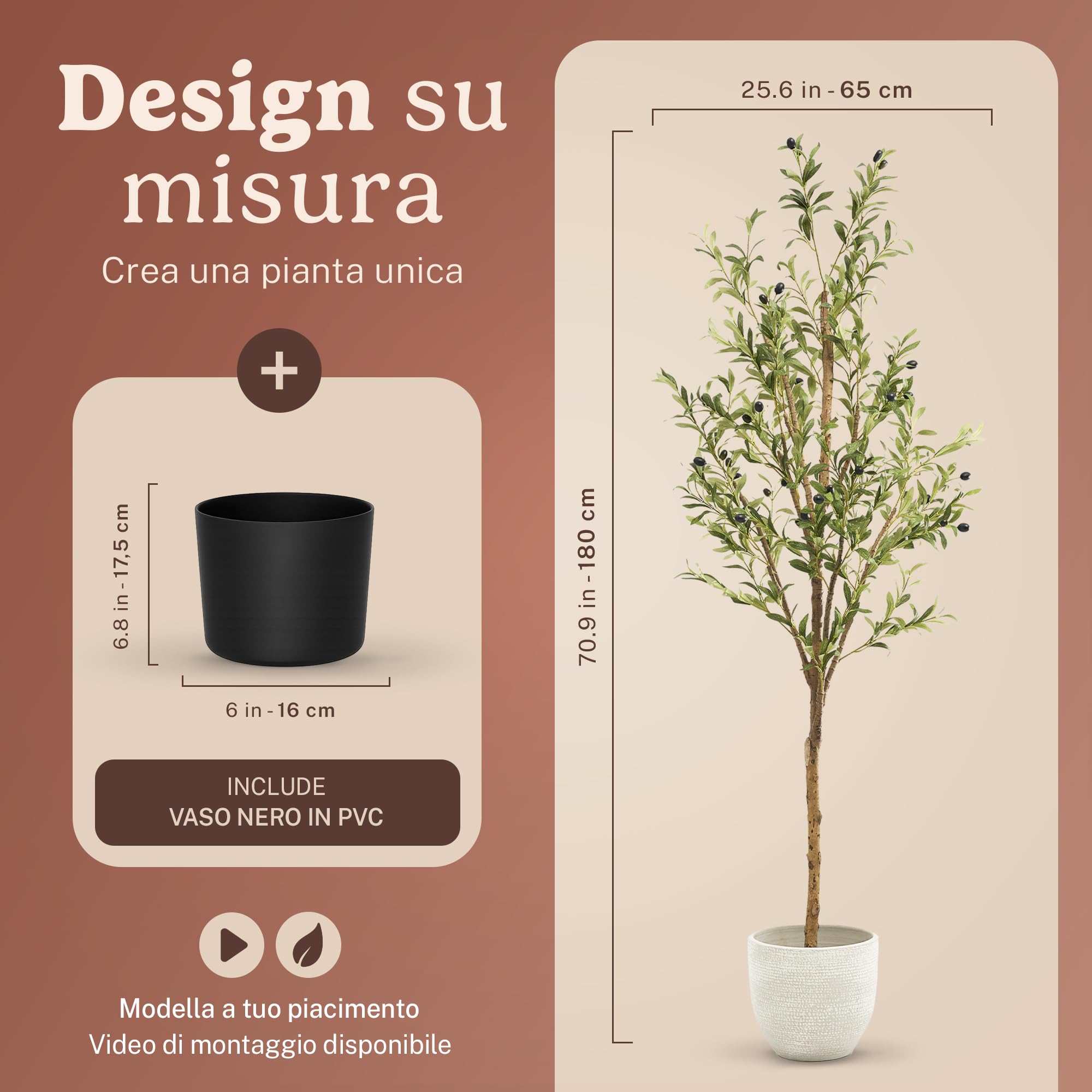 MAIA SHOP Olivo artificiale 180 cm Minimal, pianta finta grande da interno con tronco naturale, albero decorativo realistico per arredare casa ufficio e hotel