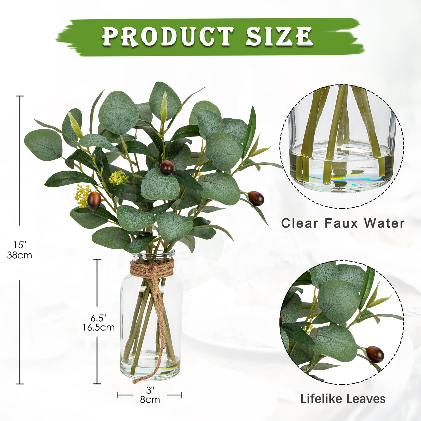 Briful Artificial Eucalyptus Stems in Glass Vase with Faux Water, 14" Fake Plant Olive Leaves for Home Office Farmhouse Wedding Centerpiece Décor