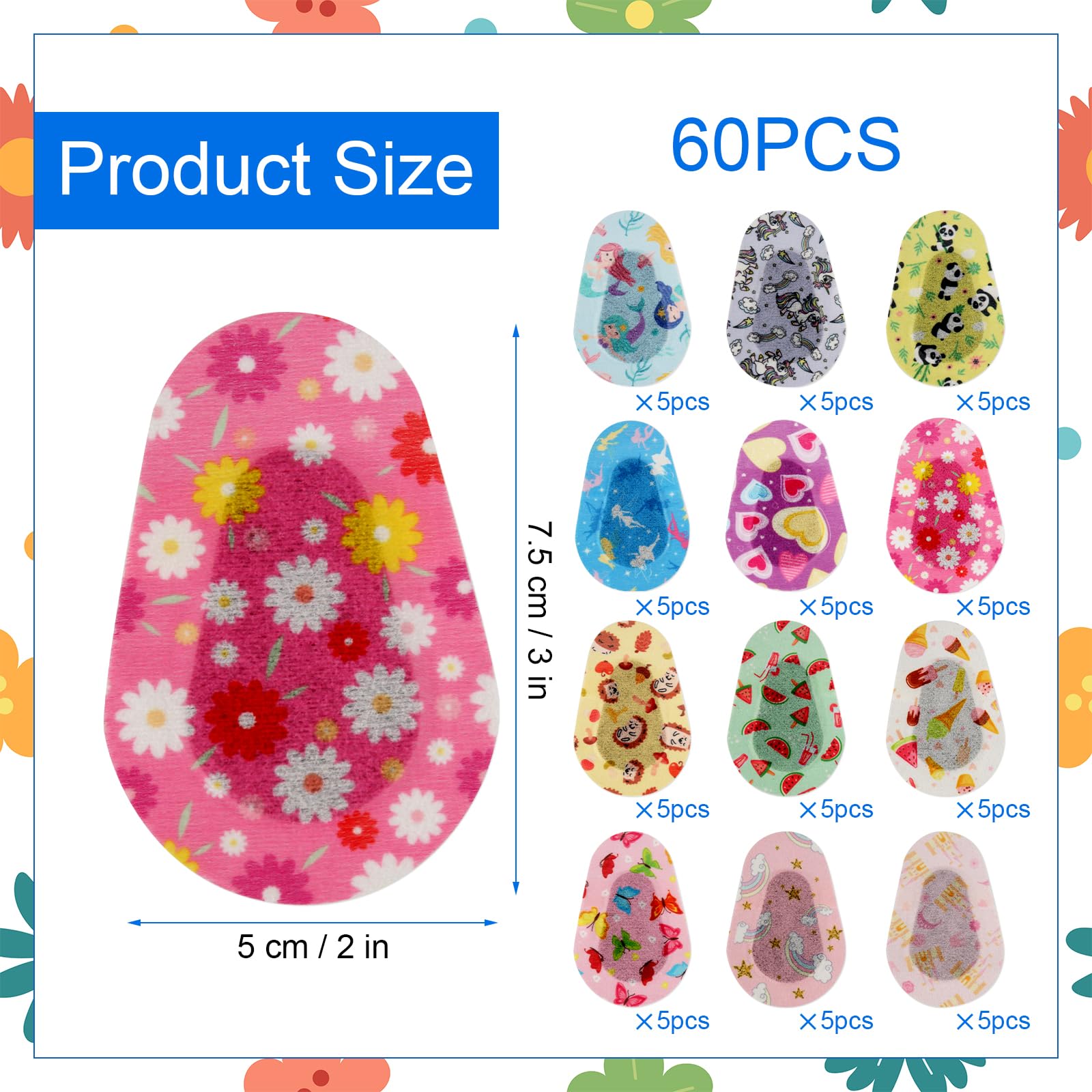 60 Piezas Parches Oculares para Niños, 5x7,5 cm Adhesivo Vendaje de Parche Ocular Suave Máscara para Ojos Que Bloquea la Luz Transpirable Parche Ocular de Tela Regalo para Niños (12 Estilos)