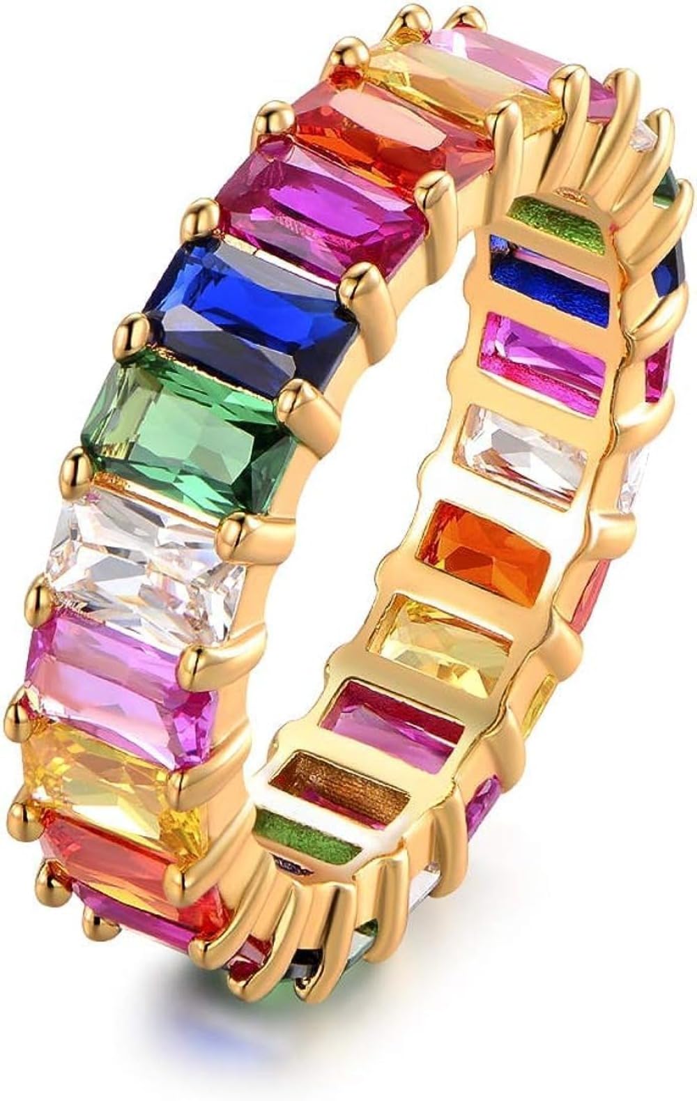 Rainbow Band Women's 18K Gold Plated Emerald-Cut Multi Color Created CZ Eternity Rings