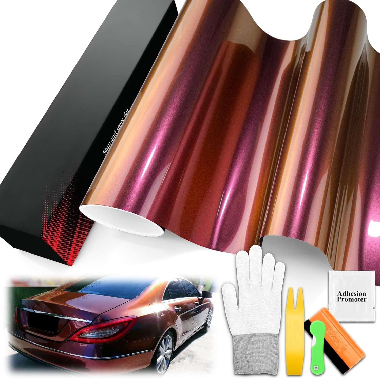2FTx5FT PET Super Gloss Metallic Burgundy High Glossy Vinyl Wrap Auto Car Sticker Decal Film Sheet Bubble Free Air Release Technology with Tool Set