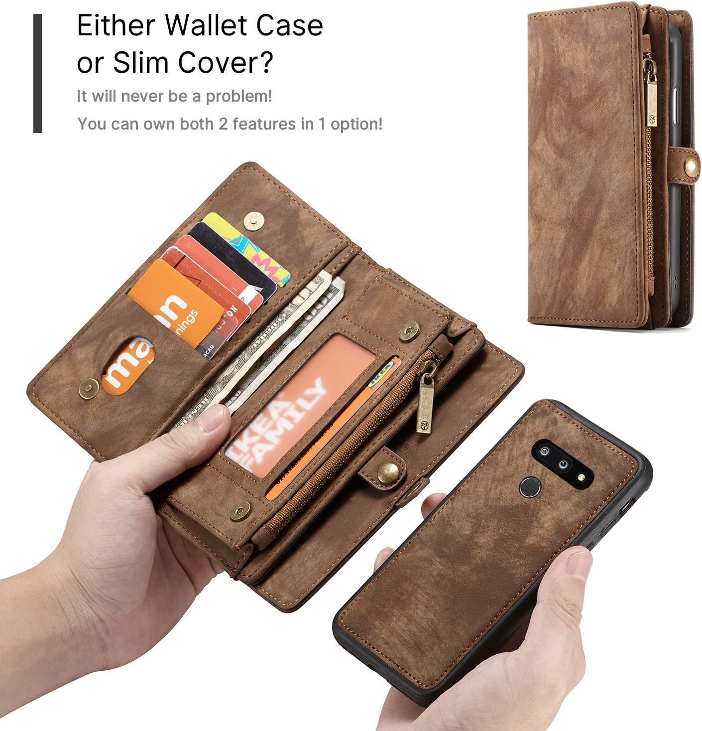 Simicoo LG V60 ThinQ Leather Wallet Detachable Zipper Case 11 Card Slots Holder OLG V60 ThinQ Flip Magnetic case Handle Wrist Strap Shockproof Pocket Handbag for Man Woman (LG V60, Brown)