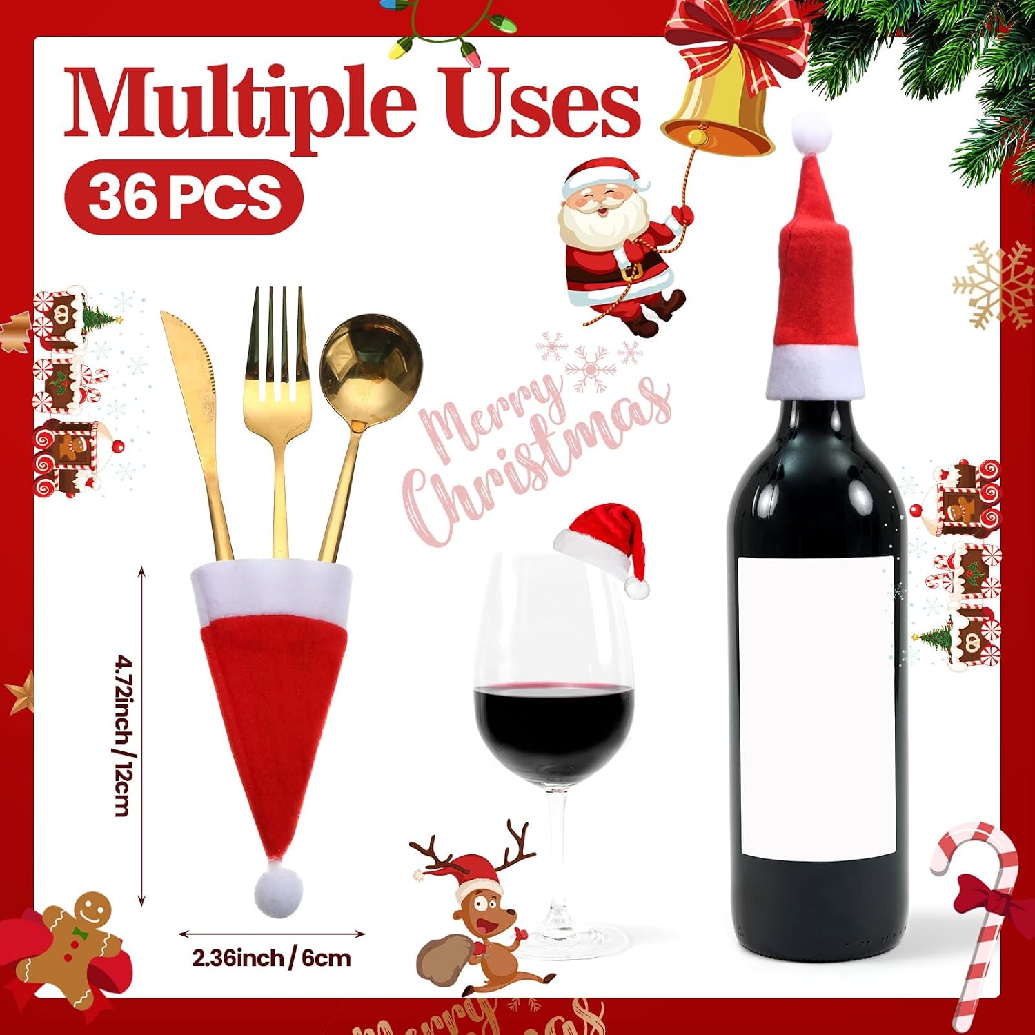 Chumia 72 Pcs Christmas Chair Covers and Santa Hats Silverware Holders Red Christmas Dining Chair Back Slipcovers for Xmas Holiday Party Dinning Room Decoration