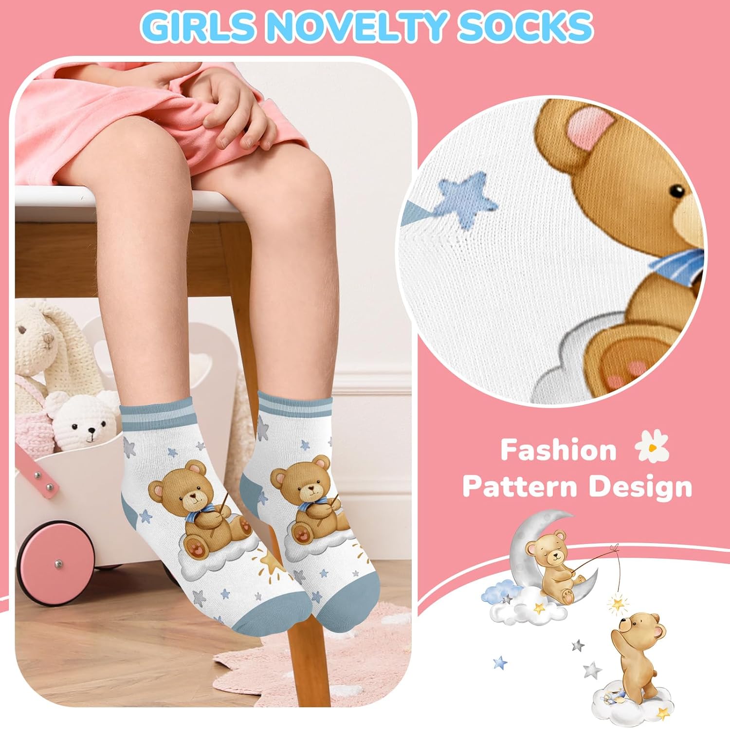6 Pairs Kids Girls Ankle Socks Low Cut Cartoon Bear Balloon Animals Breathable No Show Socks aged for 2-11 Years - Image 3