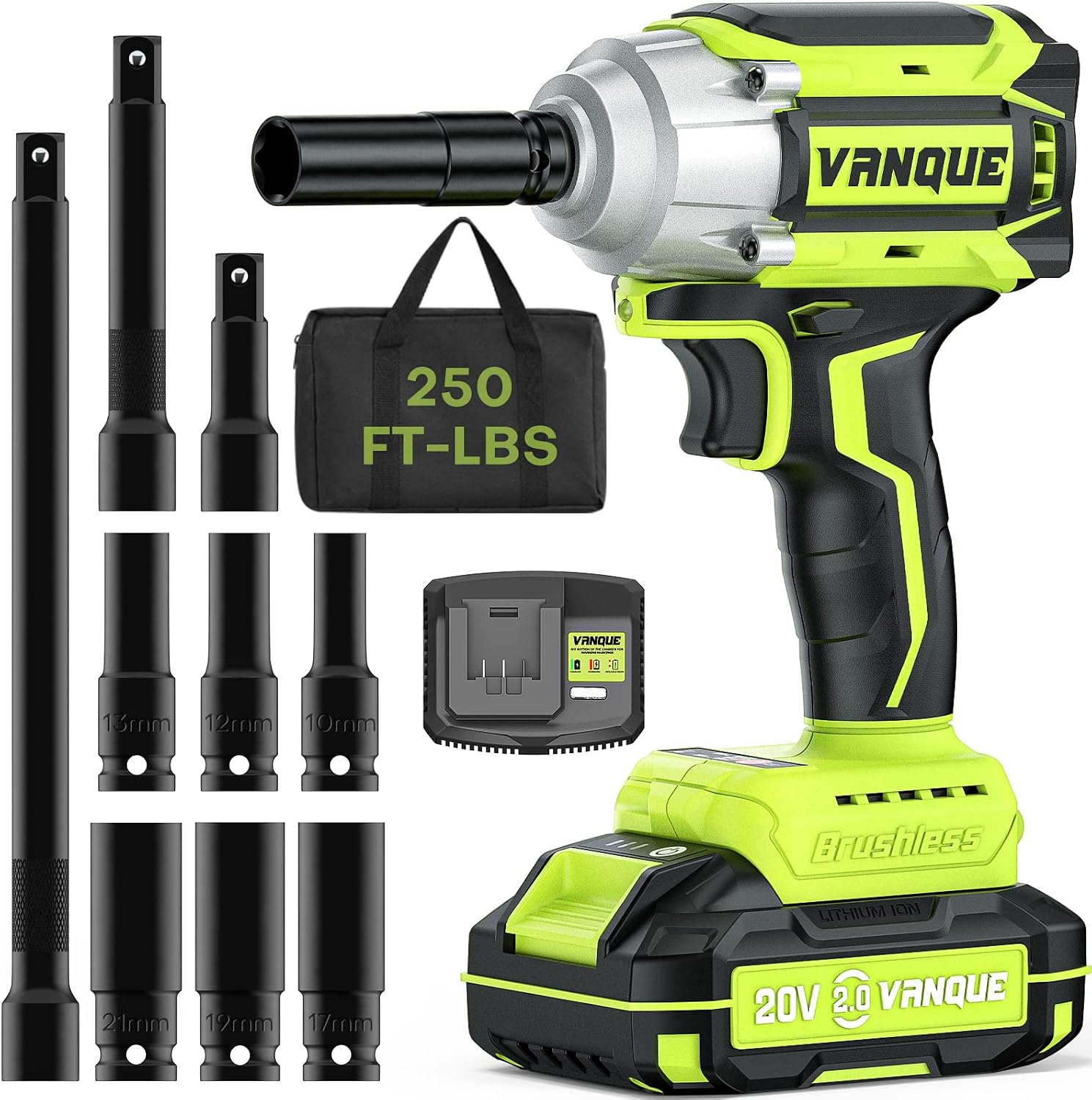 VANQUE Impact Wrench, 20V Impact Gun Kit, Brushless Cordless Impact Wrench 1/2 Inch, Max Torque 250 ft-lbs, Li-ion Battery, 7Pcs Sockets & Fast Charger, Electric Impact Gun for Car Tiers