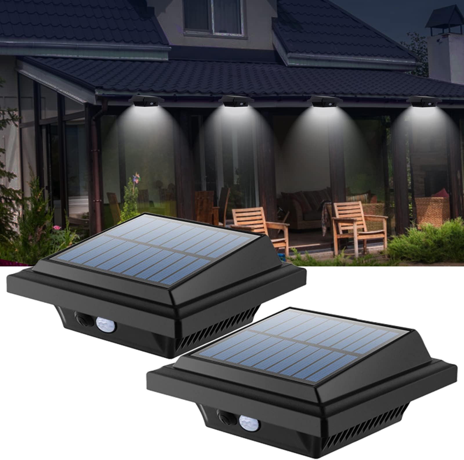 BILLION DUO Motion Sensor Solar Gutter Lights, 40 LEDs Solar Powered Garden Outdoor Lights, IP65 Waterproof, Black Solar Security Lamp Cool White Light for Garden,Fence,Wall