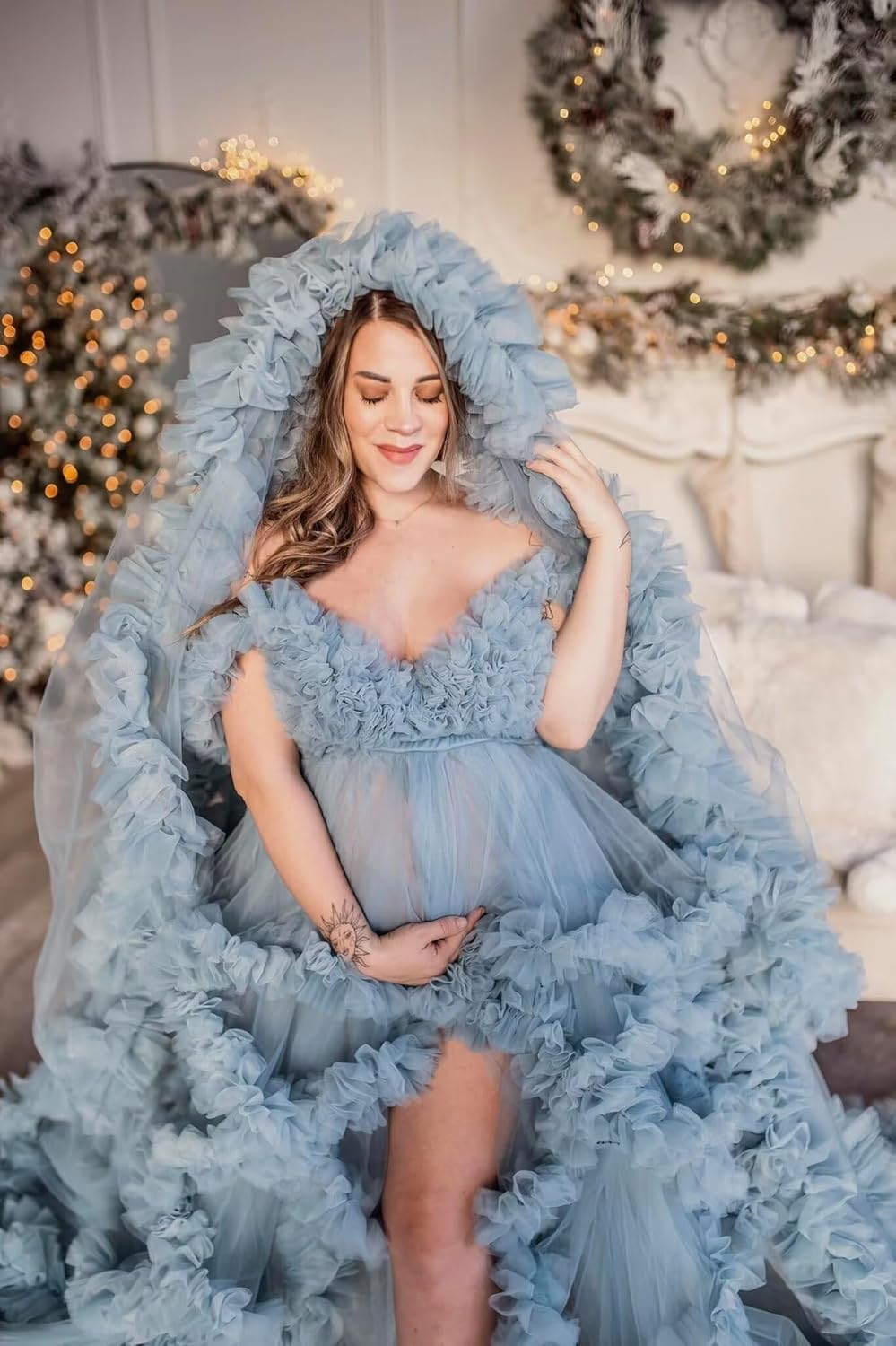 Tulle Maternity Robe for Photoshoot Puffy Ruffles Bridal Lingerie Bathgown Sheer Baby Shower Pregnancy