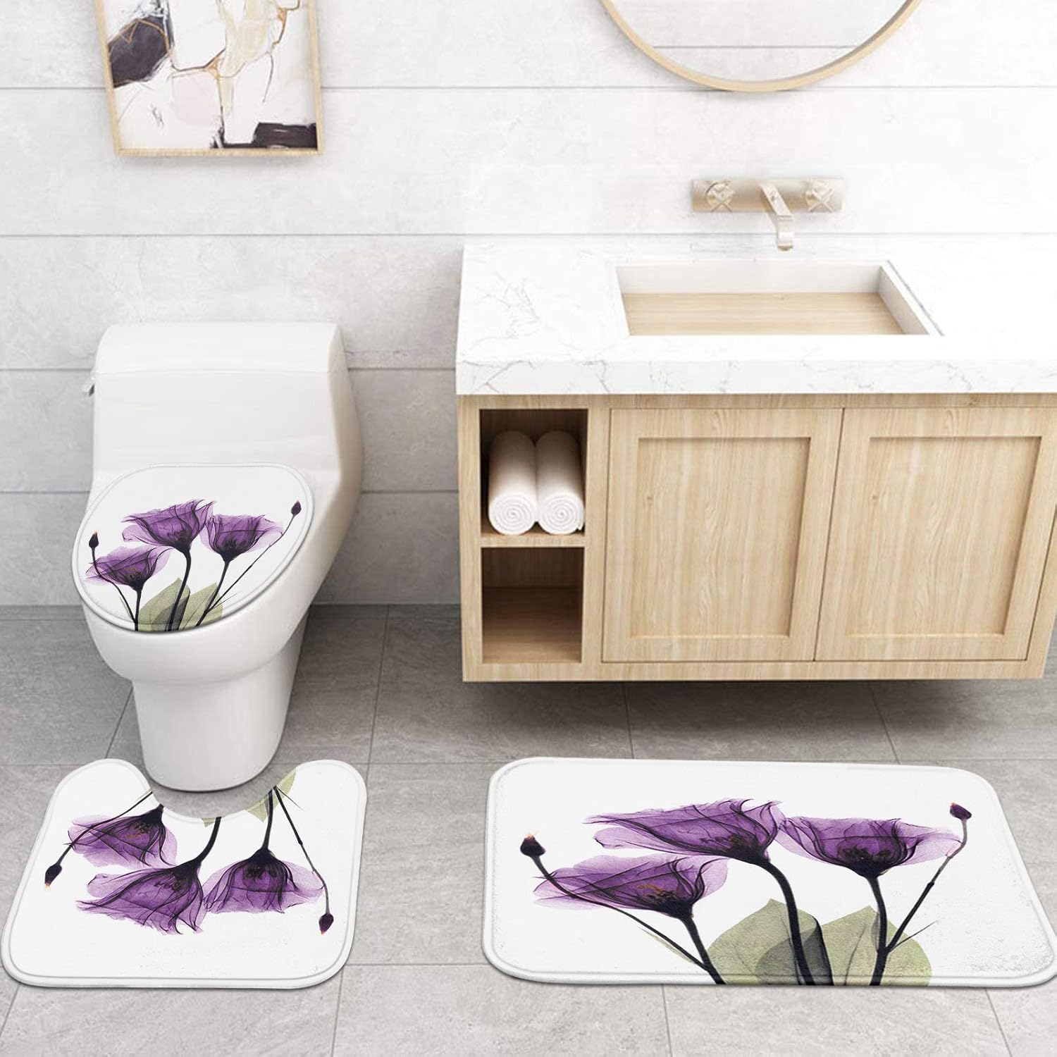 ArtSocket 4 Pcs Shower Curtain Set Delicate Watercolor Flowers Beautiful Leaves Translucent Blue Botanical Bouquet with Non-Slip Rugs Toilet Lid Cover and Bath Mat Bathroom Decor Set 72" x 72" : Home & Kitchen