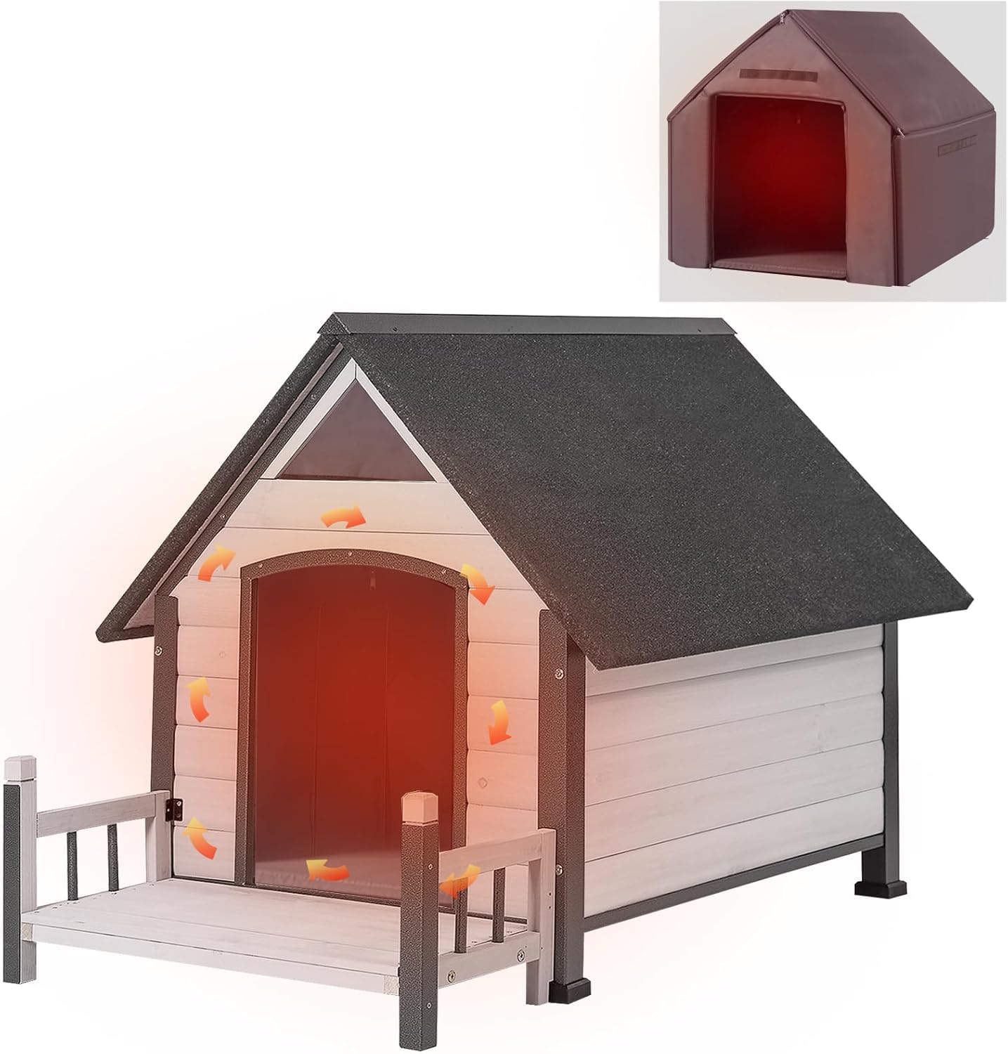 Aivituvin Outdoor Hundehaus mit isolierter Futterung, Wasserdichtes Welpen Schutzhaus, Indoor Hundehütte, beißgeschütztes Design, für kleine bis mittlere Hunde mit Veranda (weiß, L mit isolierter)
