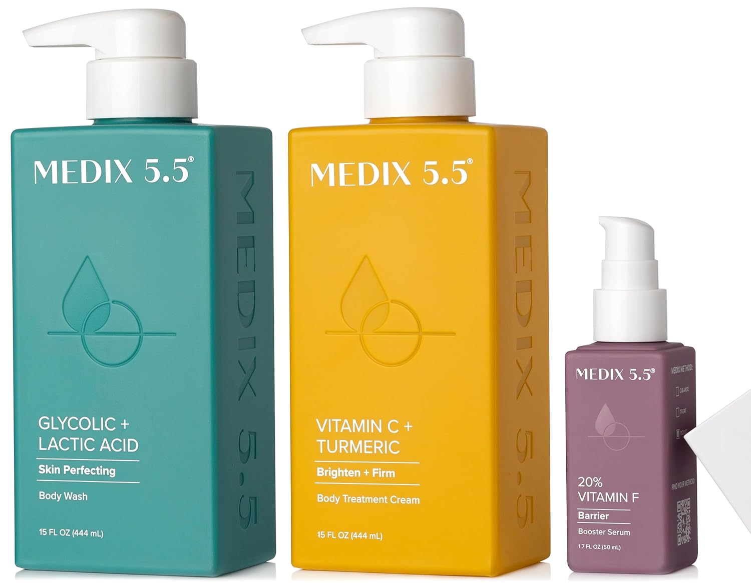 Medix 5.5 Anti Aging Skin Care 3PC Set | Vitamin C Body Cream + Exfoliating AHA Glycolic Acid Foaming Face & Body Wash + Vitamin F Booster Serum, Wash + Treat + Hydrate Skincare Set