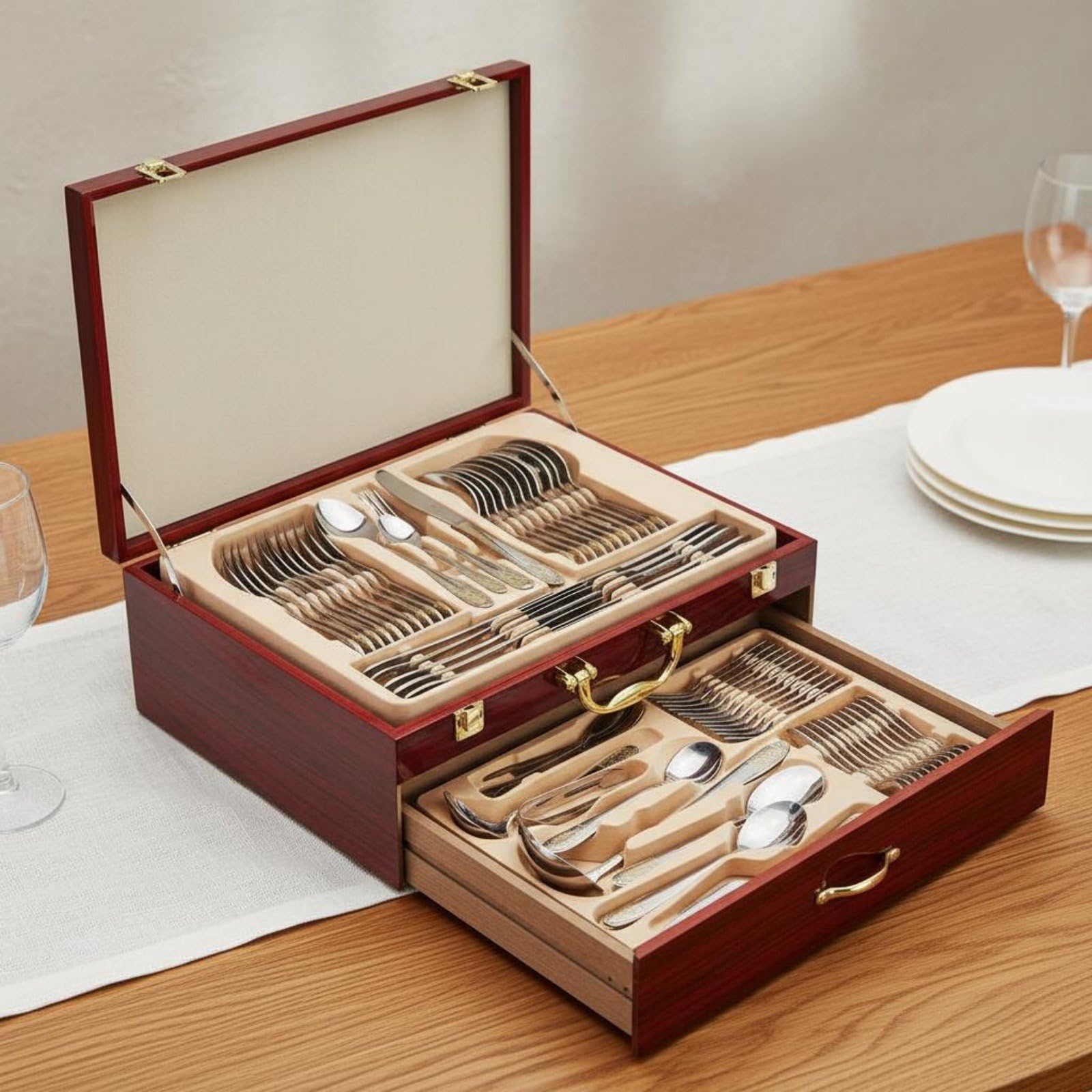 72 Piezas Cubiertos de Acero Inoxidable Juego de Cubiertos Tenedores Cucharas Cuchillos Lustre Pulido con Caja para Guardar Adecuado para Uso Doméstico Servicio Profesional Celebraciones
