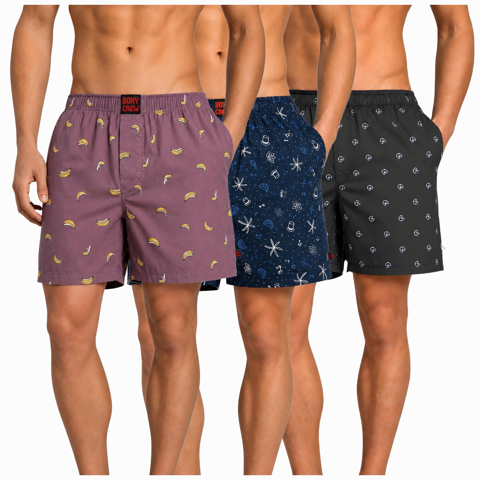 Men's 100% Cotton Boxer Shorts Pack of 3, Rose Pink, Navy Blue & Navy Blue | Woven Boxers with Side Pockets, No-Marks Elastic Waistband, Breathable Relaxed Fit | Style 006-007-009-image-48