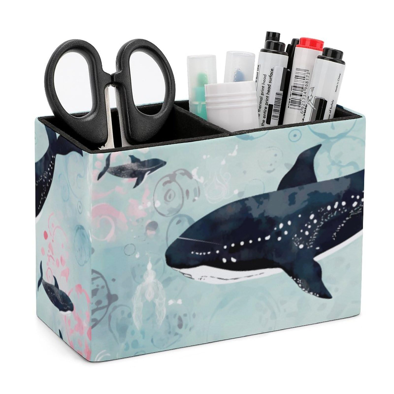 NONHAI Lether Pen Holder for Desk, Whale Pencil Holder Organizers for Desktop, Pencil Cup Stationery Organizer for Office Desk Accessory, Square Makeup Brush Srotage Box Pencil Caddy