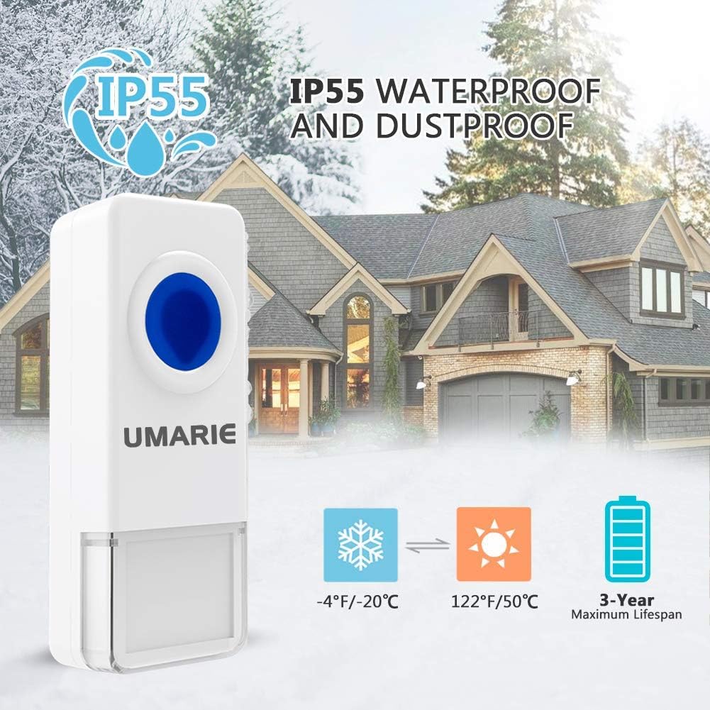 Wireless Doorbell White, Plug in Waterproof Doorbell Kit, Best Cordless Door Chime with 1000 feet/300m Range, 58 Chimes, IP55 Waterproof Button, 5-Level Volume & Blue LED Light-Umarie - - 